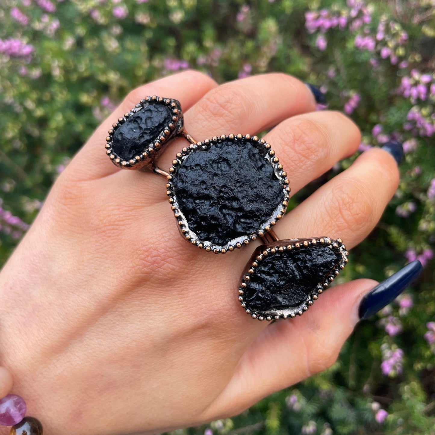 Tektite Statement ring adjustable size crystal healing natural stone antique style