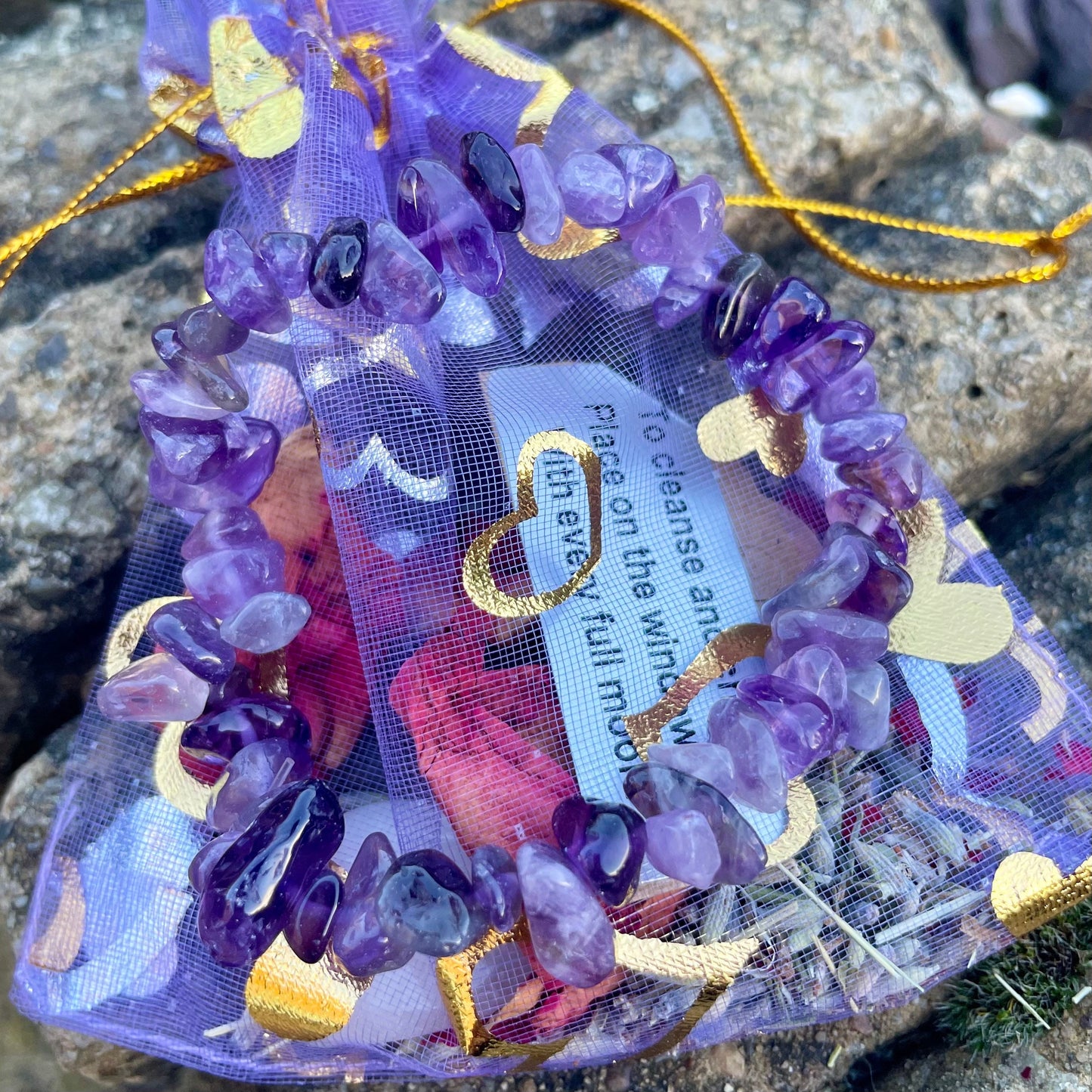 Worry and Stress Release Calming Spell Bag with Rose Quartz, Amethyst, Rose Petals, Lavender and Amethyst Chip Bracelet