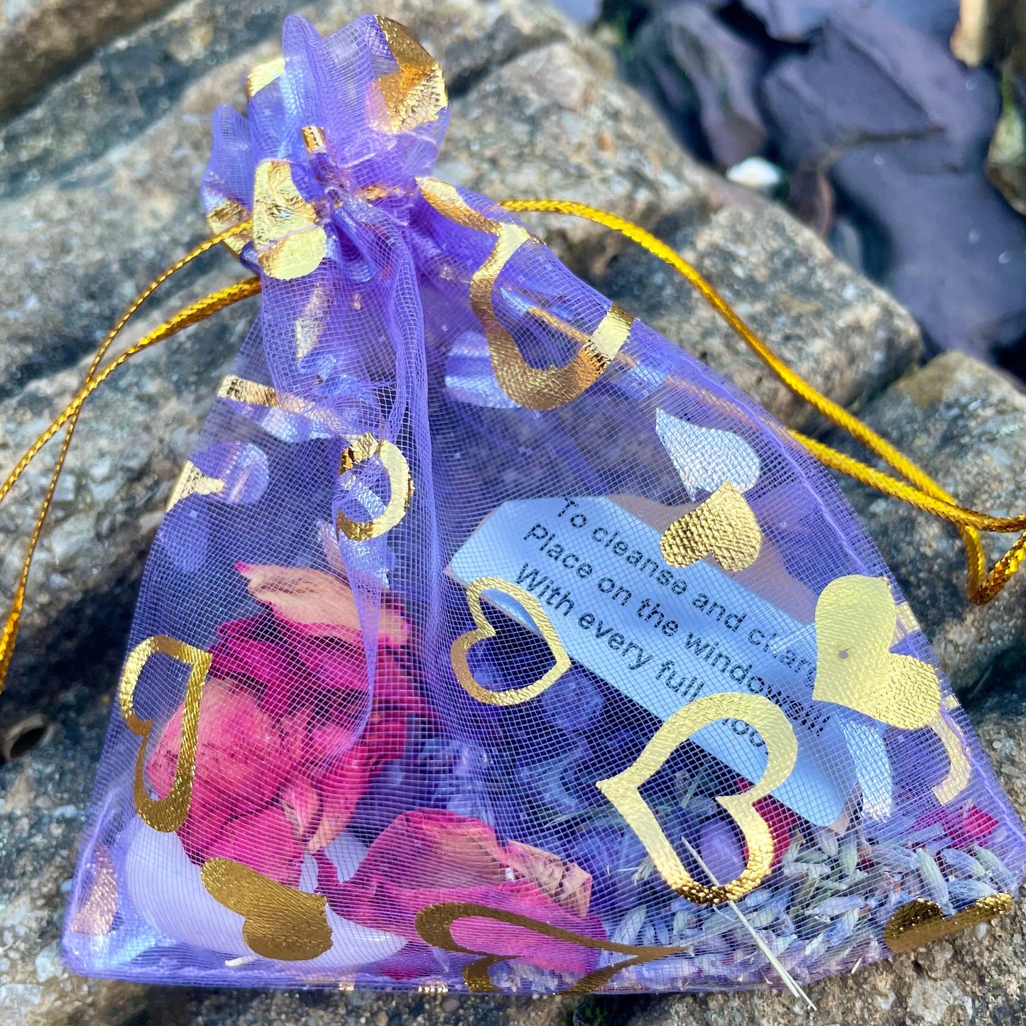 Worry and Stress Release Calming Spell Bag with Rose Quartz, Amethyst, Rose Petals, Lavender and Amethyst Chip Bracelet