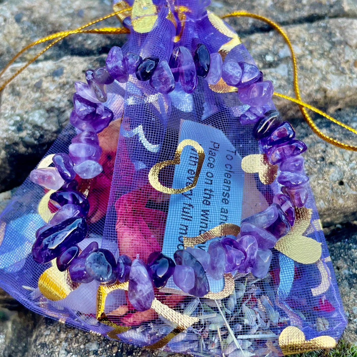 Worry and Stress Release Calming Spell Bag with Rose Quartz, Amethyst, Rose Petals, Lavender and Amethyst Chip Bracelet