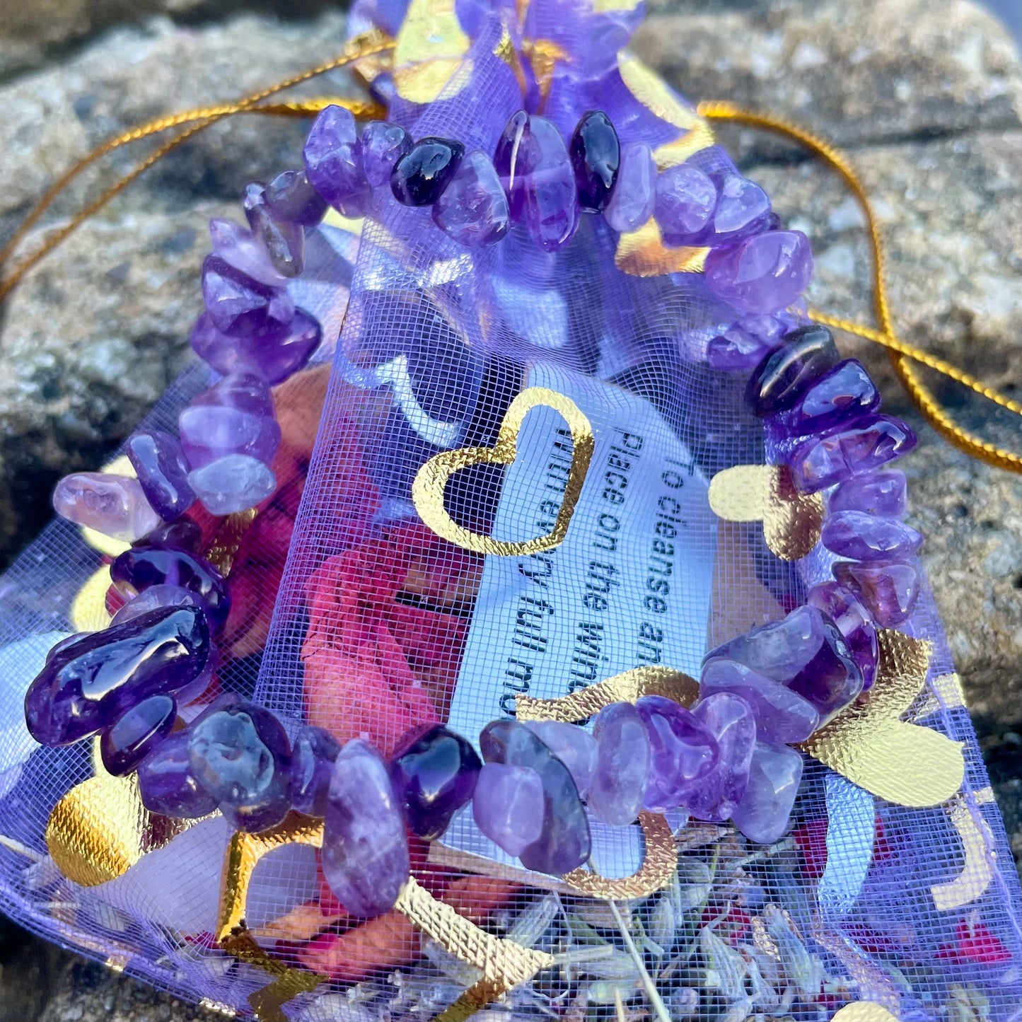Worry and Stress Release Calming Spell Bag with Rose Quartz, Amethyst, Rose Petals, Lavender and Amethyst Chip Bracelet