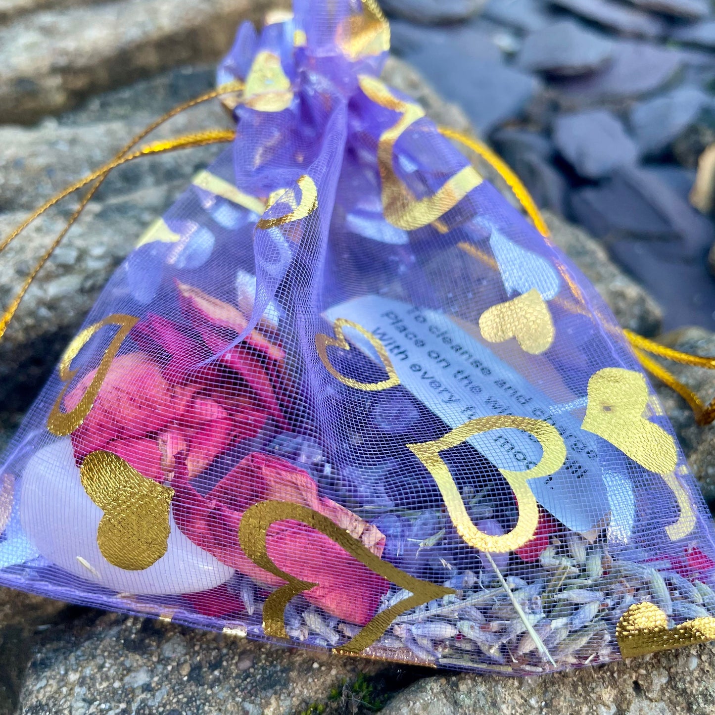 Worry and Stress Release Calming Spell Bag with Rose Quartz, Amethyst, Rose Petals, Lavender and Amethyst Chip Bracelet