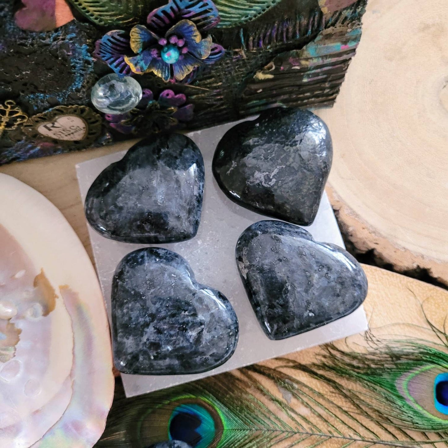 Larvikite heart crystal healing home decor natural polished crystal witchy Protection, Safe Travel, Creativity, Dream Interpretation