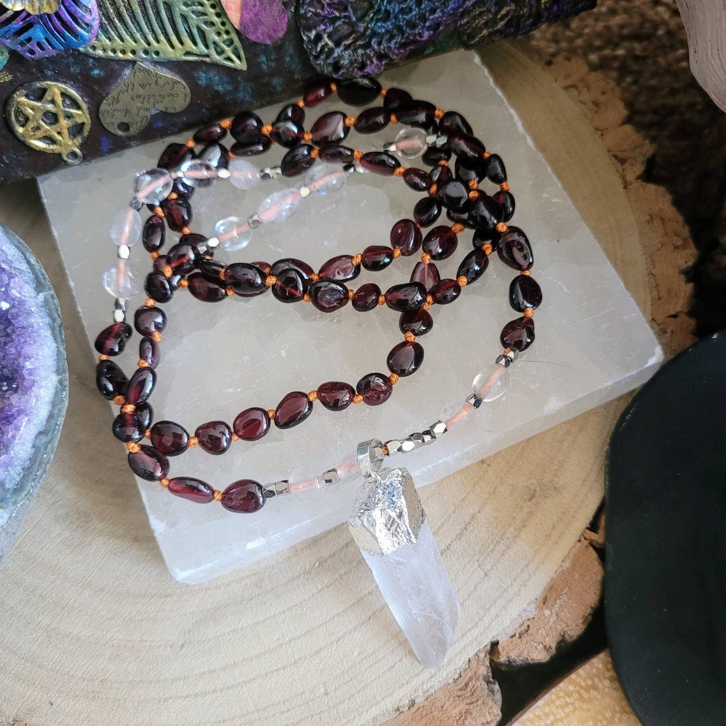 Red garnet necklace clear quartz point pendant knotted bead jewellery gift for him or her witchy gemstone jewelry