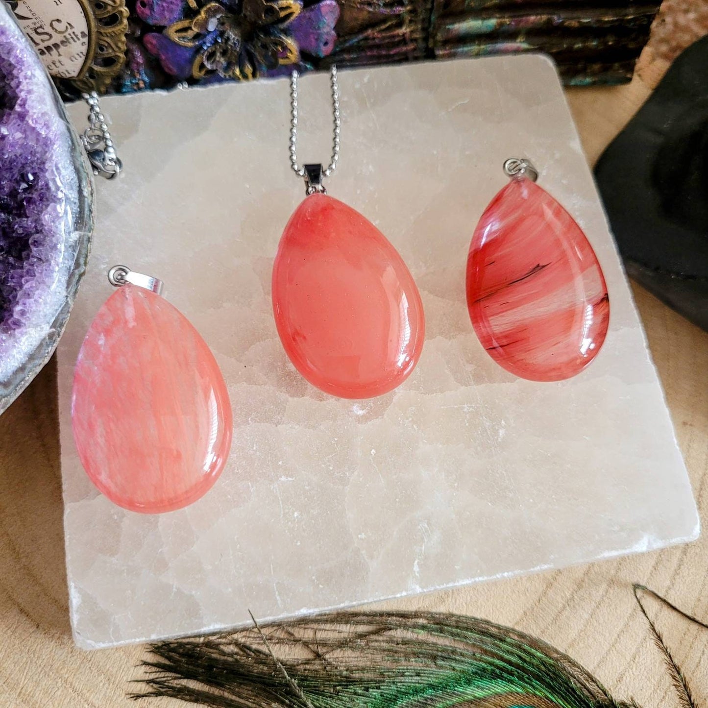 Cherry Quartz teardrop pendant necklace crystal healing gift for him or her