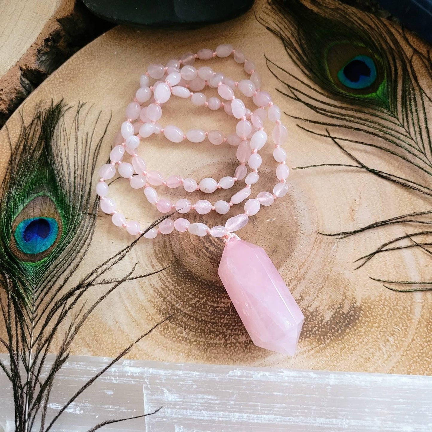 Rose Quartz Necklace with large double terminated Point pendant Crystal healing witchy jewellery gift for her heart chakra stone
