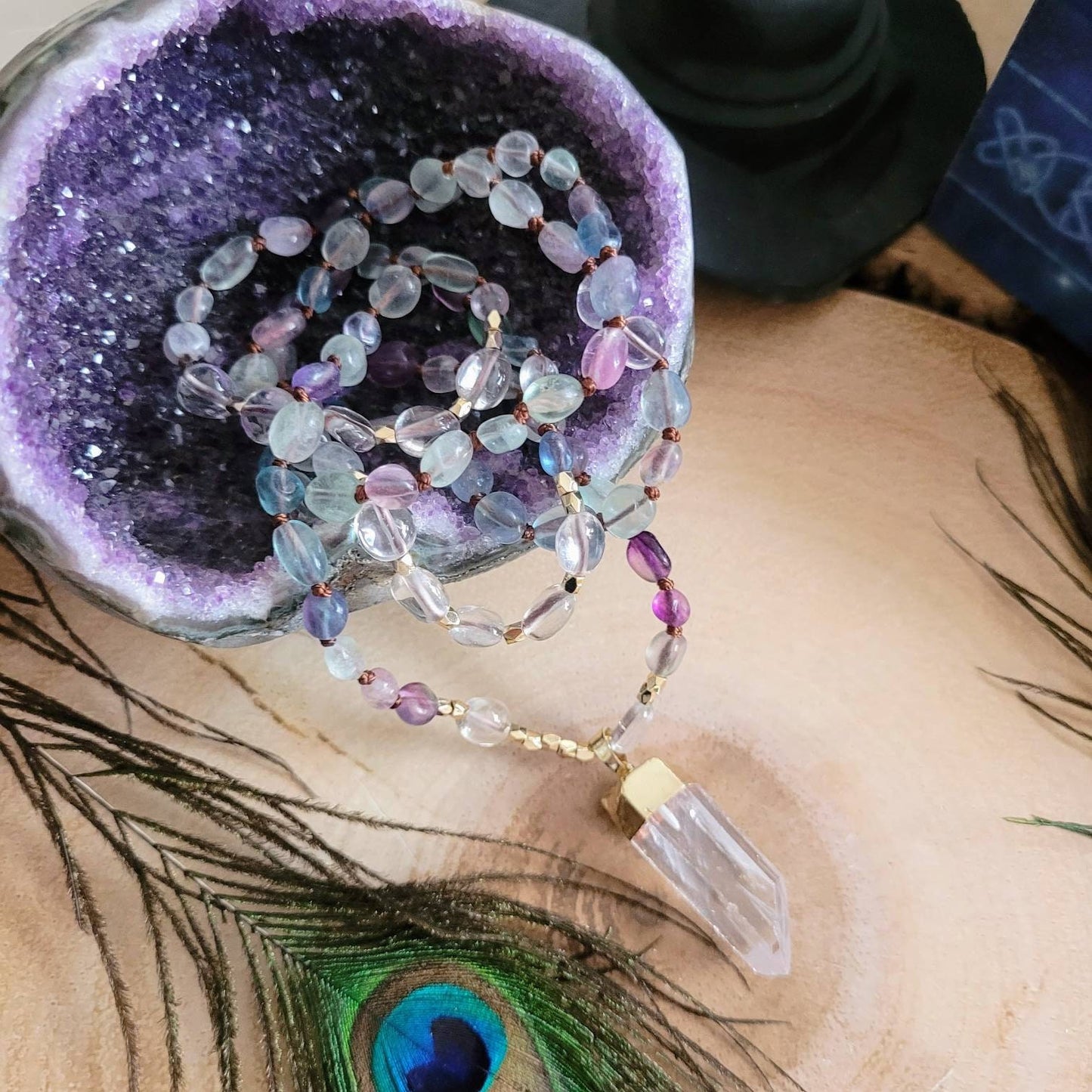 Rainbow Fluorite necklace knotted with clear quartz raw stone point crystal healing witchy jewelry for him or her gemstone jewelry