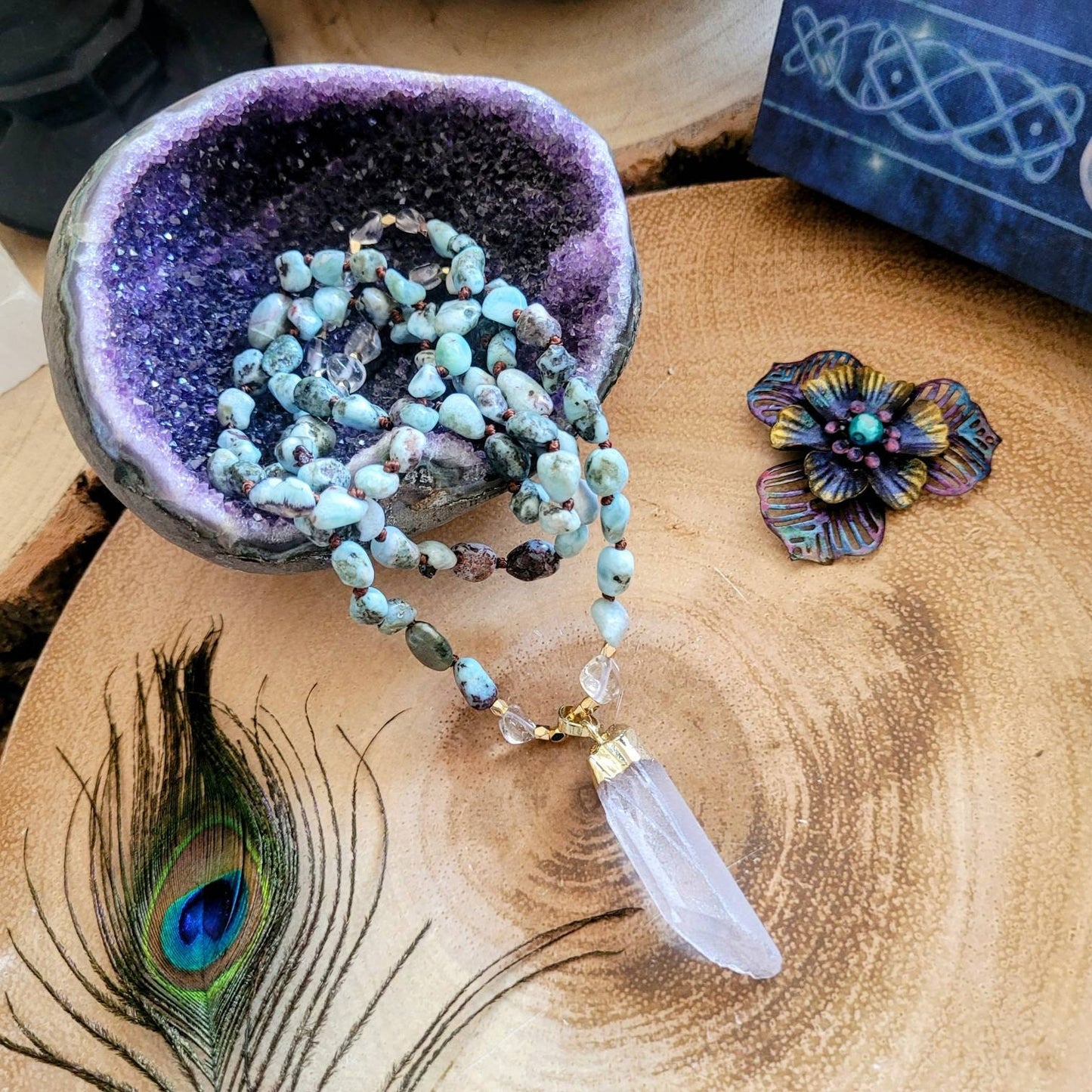 larimar necklace with clear quartz point pendant knotted crystal healing gemstone jewellery for women and men gift for him or her