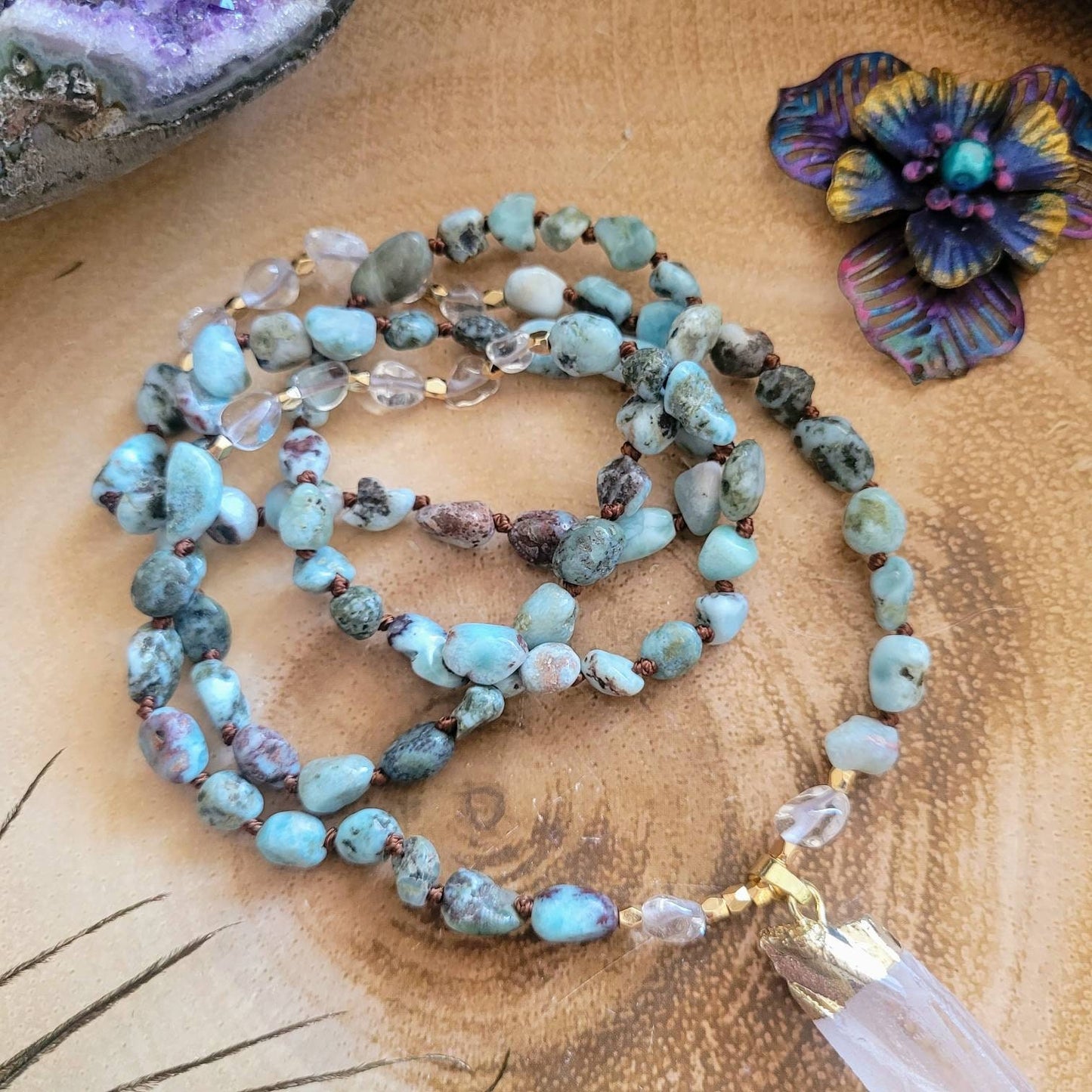 larimar necklace with clear quartz point pendant knotted crystal healing gemstone jewellery for women and men gift for him or her