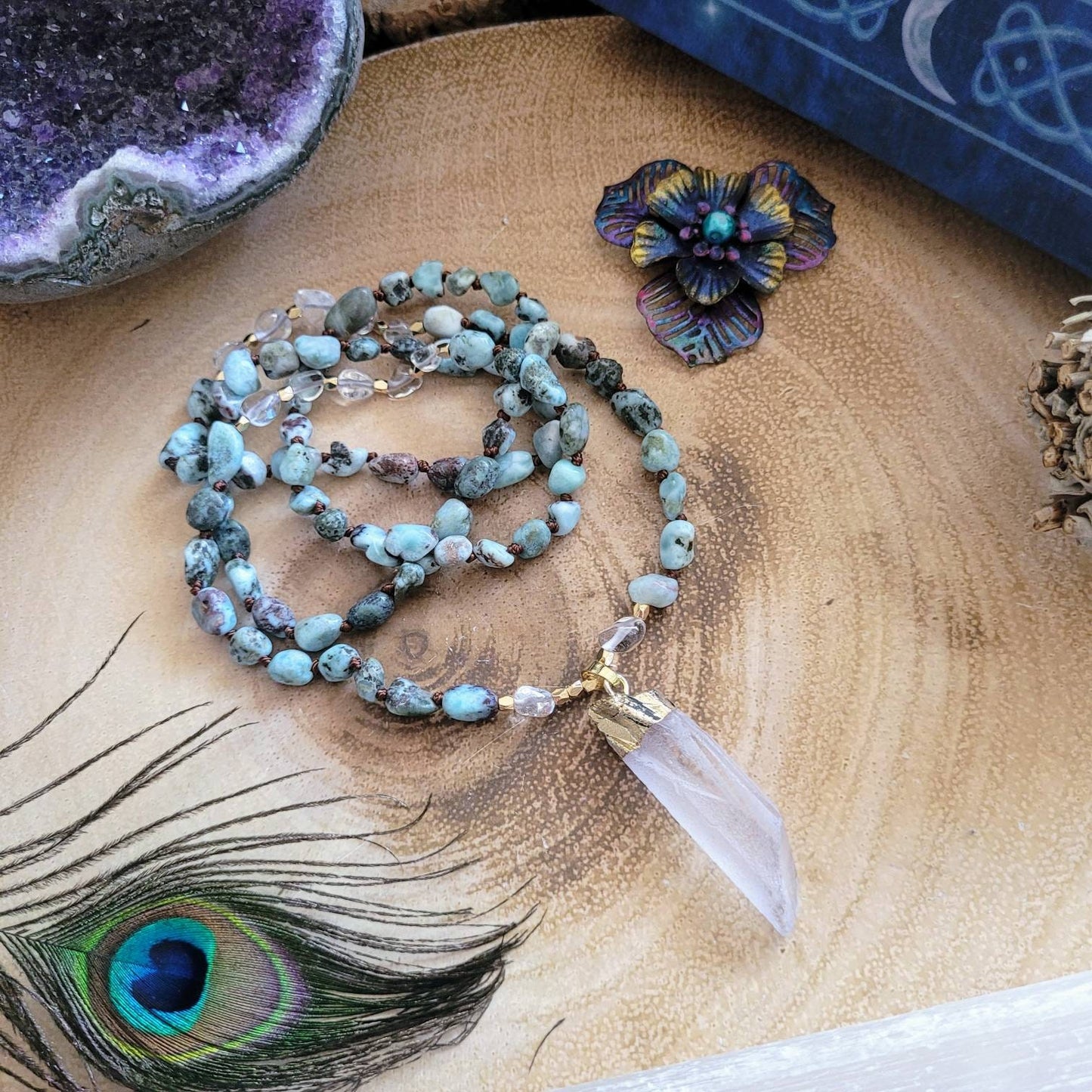 larimar necklace with clear quartz point pendant knotted crystal healing gemstone jewellery for women and men gift for him or her