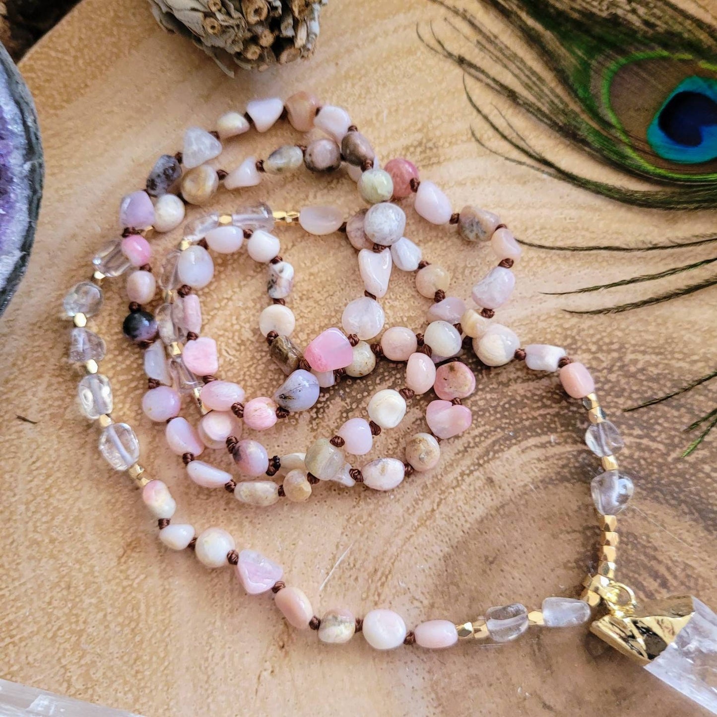 pink opal necklace with amethyst and clear quartz point pendant crystal healing necklace for women gift for her heart chakra jewelry