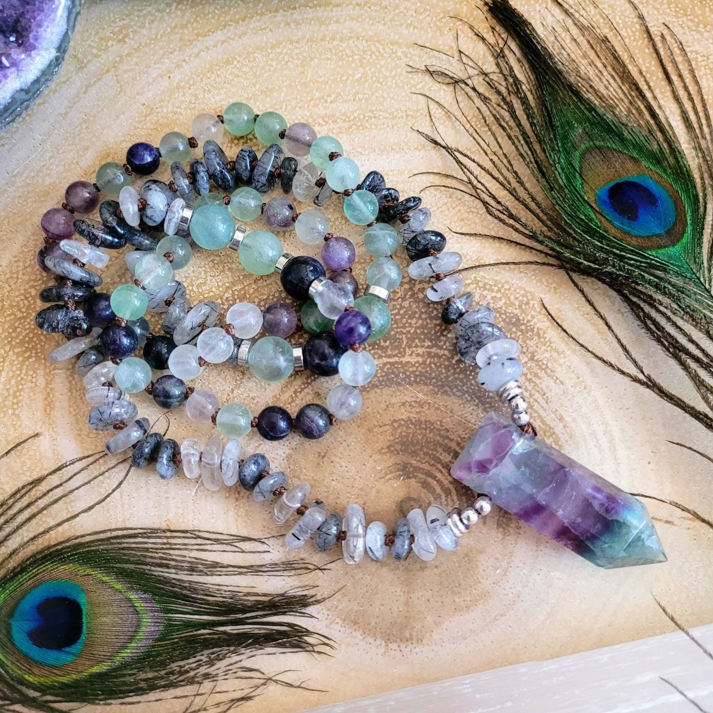fluorite and tourmalinated quartz necklace large point pendant crystal healing bead jewellery gift for him or her witchy meditation jewelry