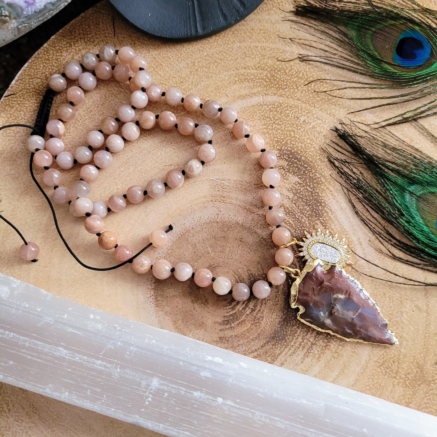 Peach moonstone and sunstone necklace with raw ocean jasper arrow head pendant adjustable crystal healing jewellery for women or men