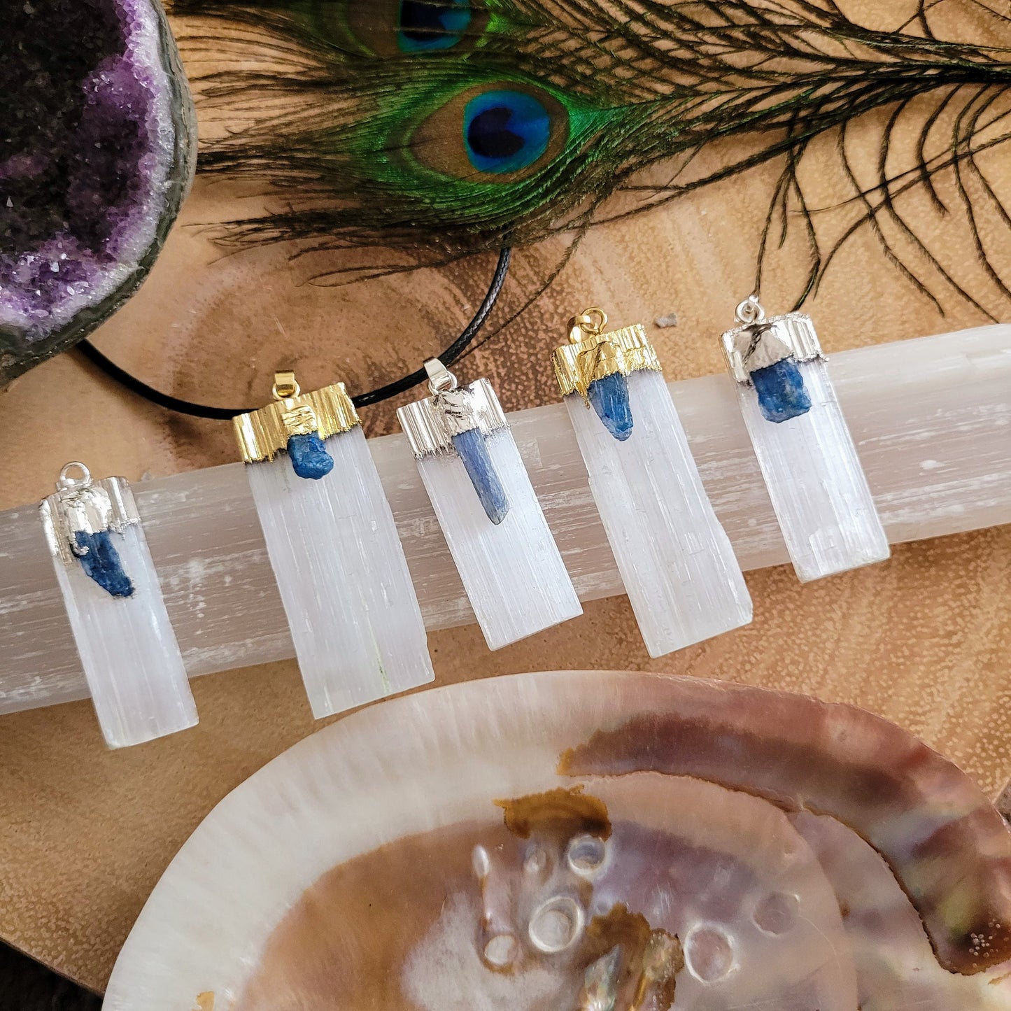 Selenite and Kyanite Pendant necklace for women and men crystal healing gift for him or her witchy jewellery crown chakra jewelry