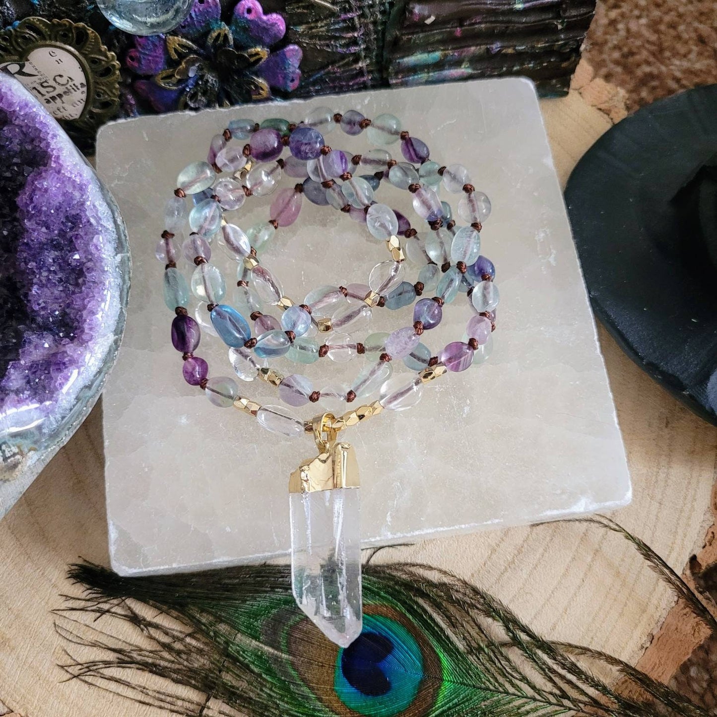 Rainbow Fluorite necklace knotted with clear quartz raw stone point crystal healing witchy jewelry for him or her gemstone jewelry