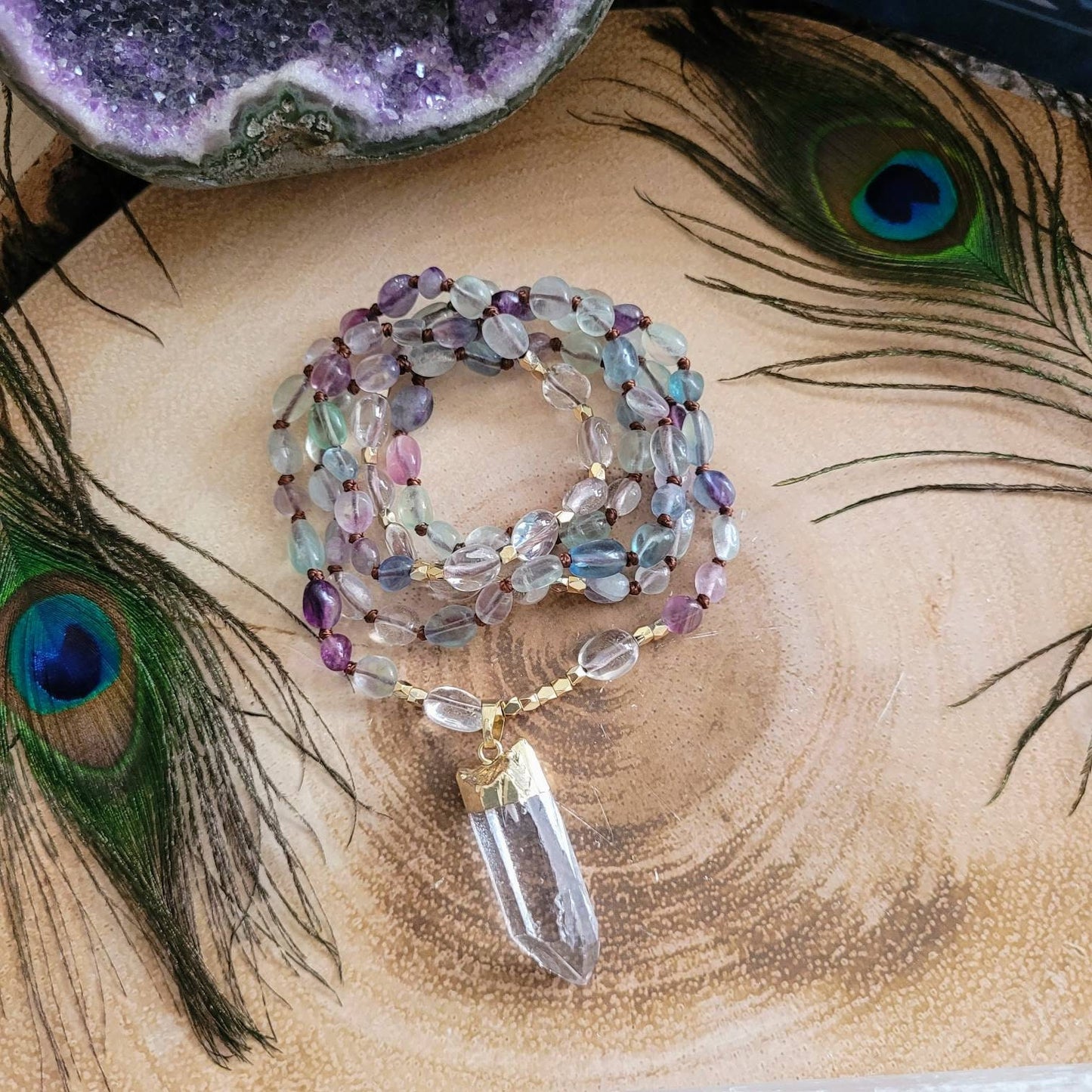 Rainbow Fluorite necklace knotted with clear quartz raw stone point crystal healing witchy jewelry for him or her gemstone jewelry