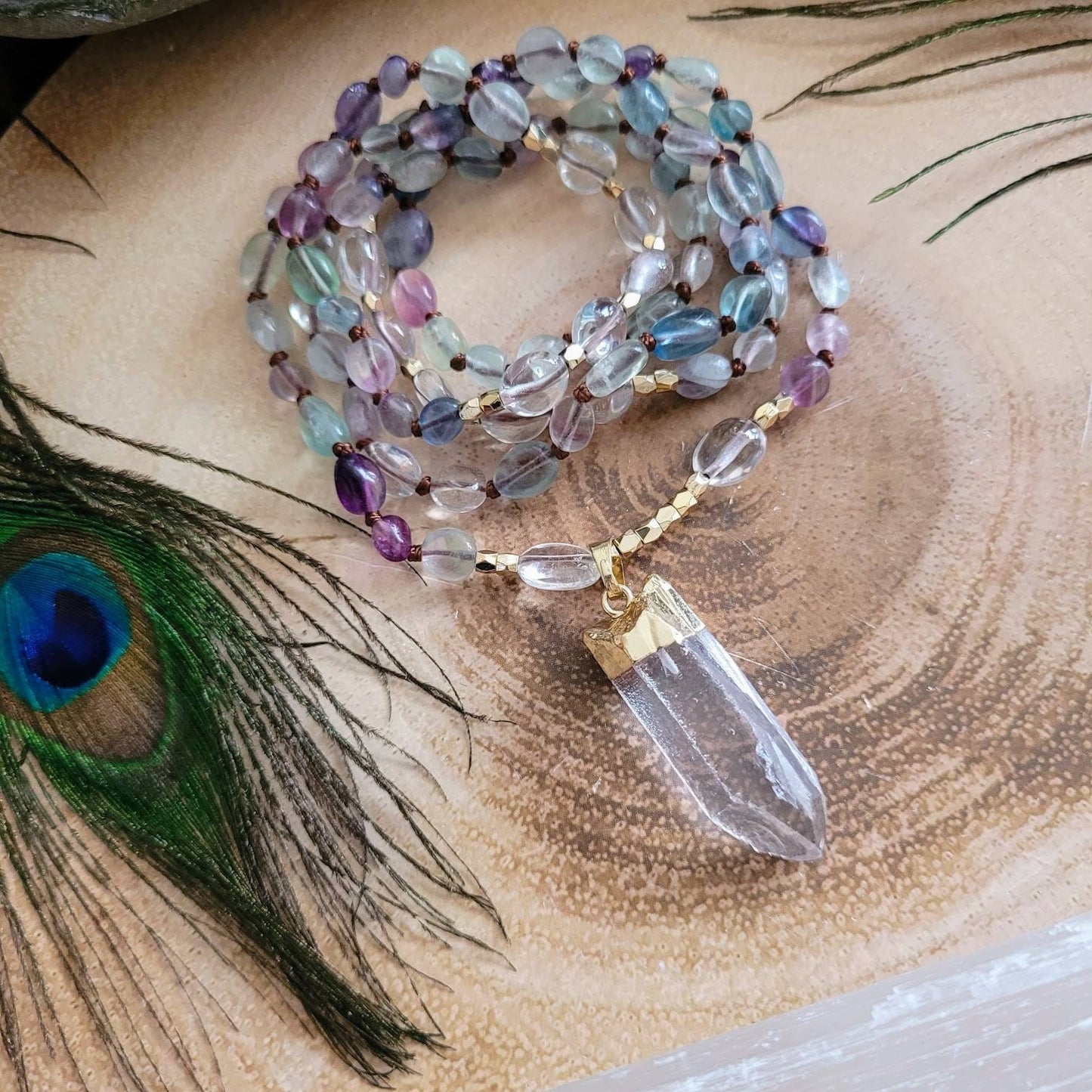 Rainbow Fluorite necklace knotted with clear quartz raw stone point crystal healing witchy jewelry for him or her gemstone jewelry