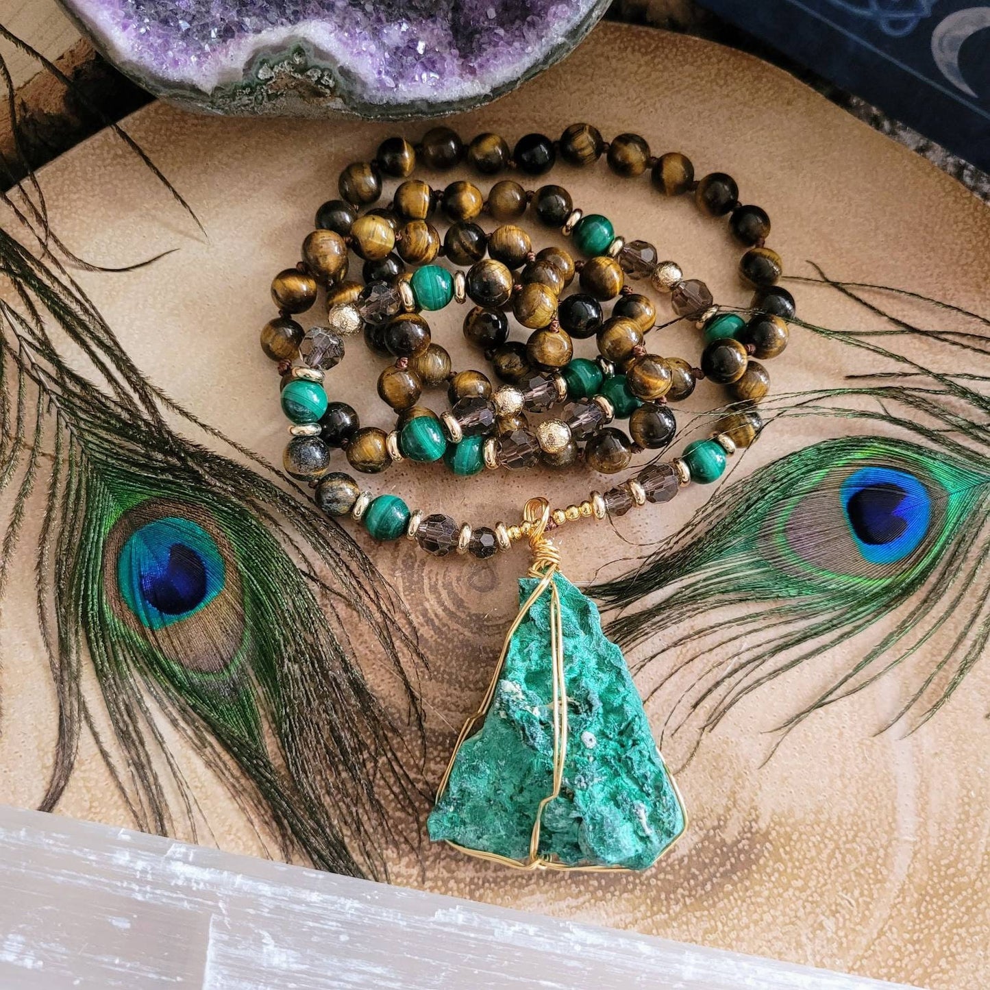 Tigers eye necklace with raw Malachite pendant crystal healing witchy jewellery gift for him or her gemstone jewellery mala