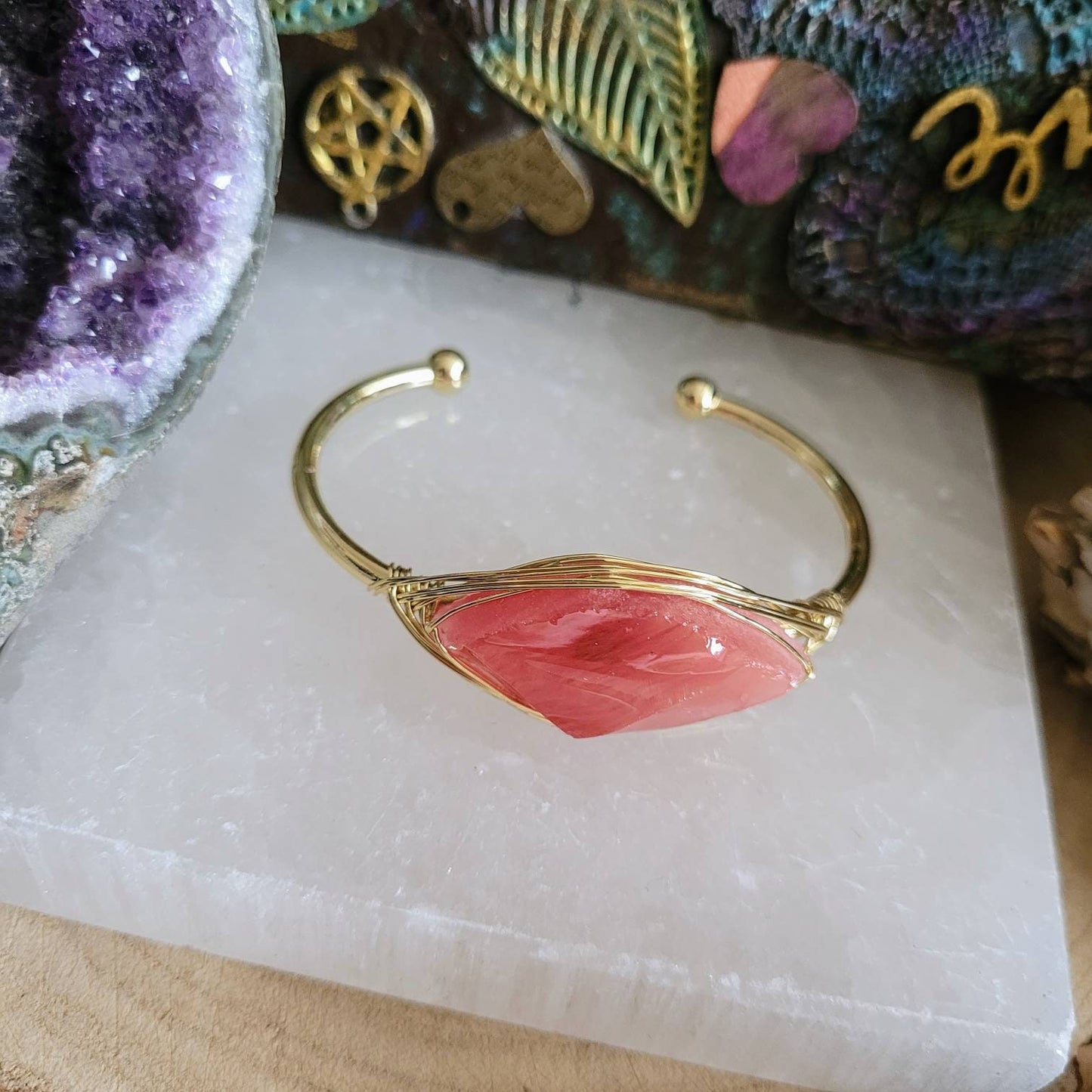 Cherry Quartz Bracelet bangle cuff raw stone crystal Healing Jewelry for women gift for her