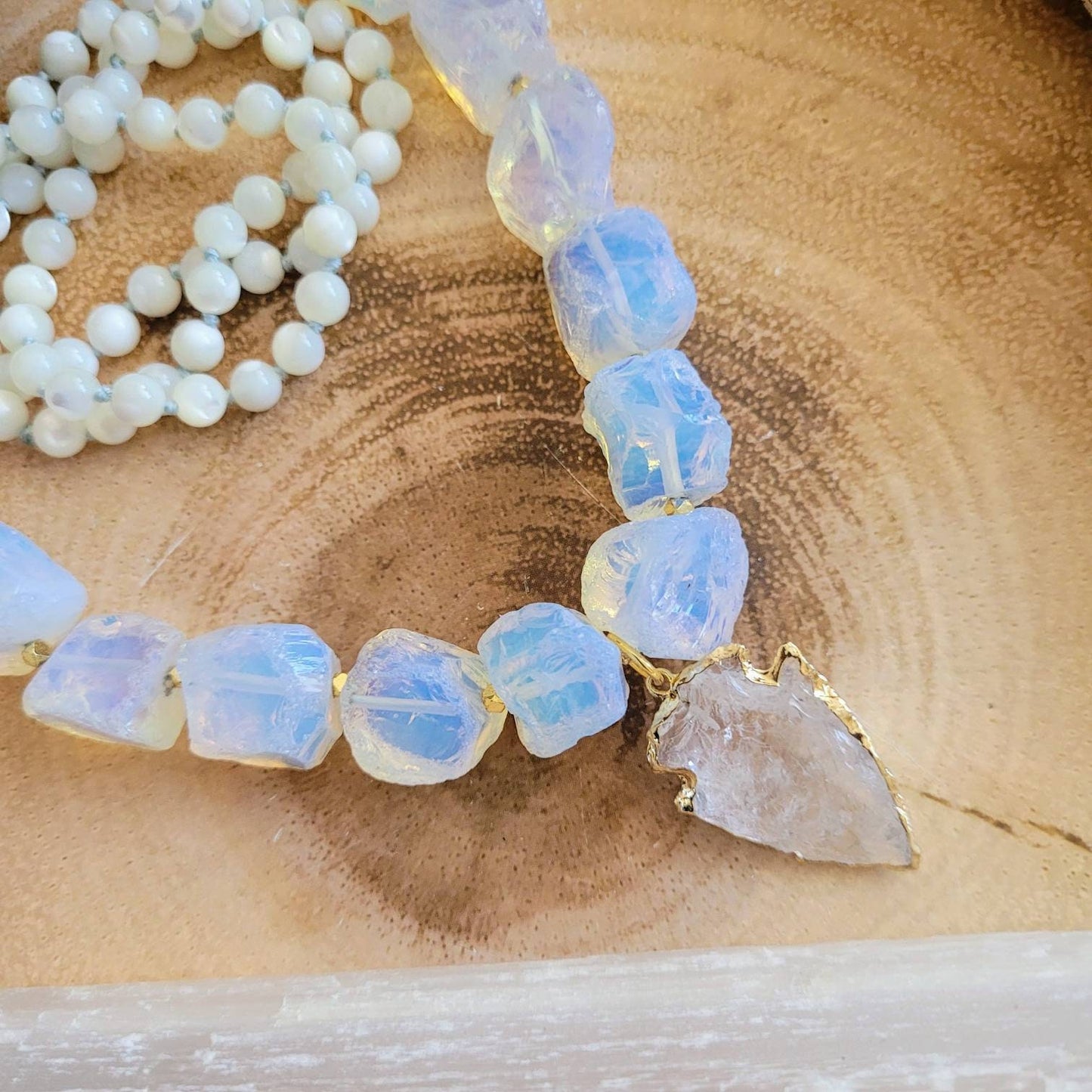 Opalite and pearl necklace with clear quartz arrow head pendant crystal healing witchy jewellery gift for her jewelry for women