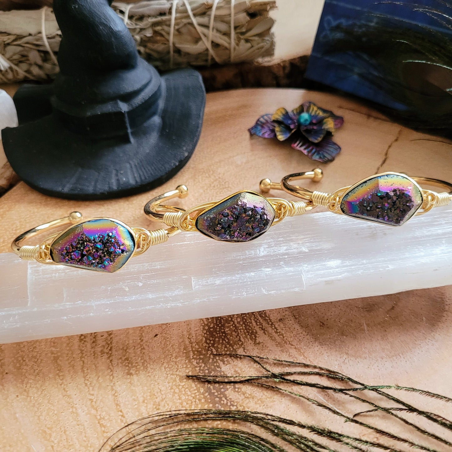 Druzy rainbow quartz cuff bracelet crystal healing bangle natural stone sparkly gift for her witchy jewellery for women