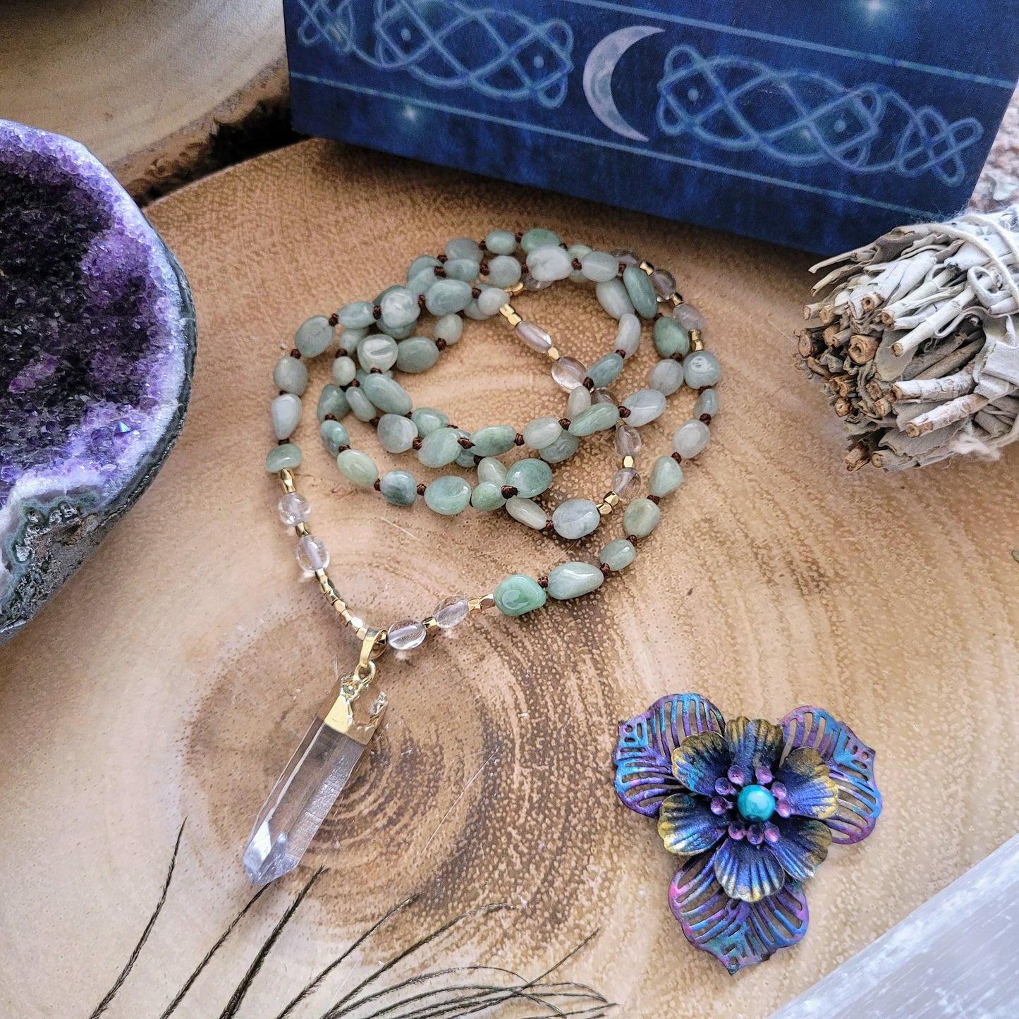 Green aventurine necklace with clear quartz point pendant knotted crystal healing gemstone jewellery for women and men gift for him or her