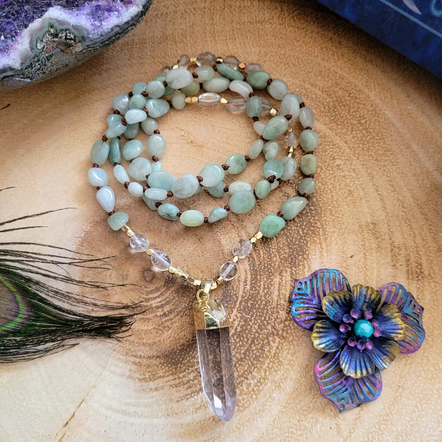 Green aventurine necklace with clear quartz point pendant knotted crystal healing gemstone jewellery for women and men gift for him or her
