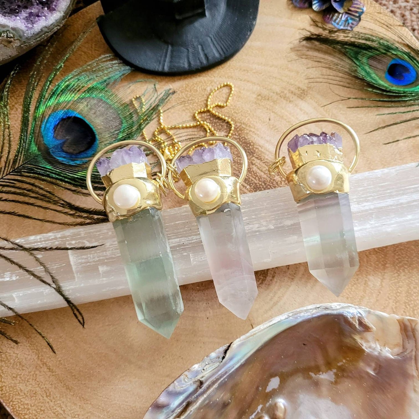 Pastel fluorite point with mother of pearl and amethyst cluster pendant necklace for women witchy crystal healing gift for her
