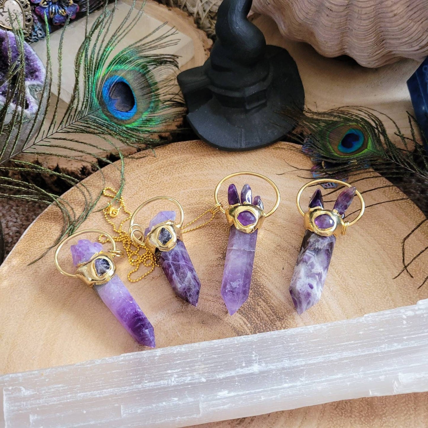 Amethyst pendant necklace large wand point crystal healing gift for him or her witchy jewelry for women or men third eye chakra