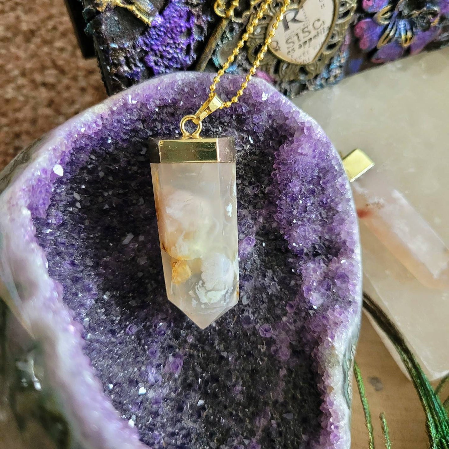 Flower agate point pendant necklace, crystal healing gift for him or her jewellery for men or women witchy jewelry sakura agate