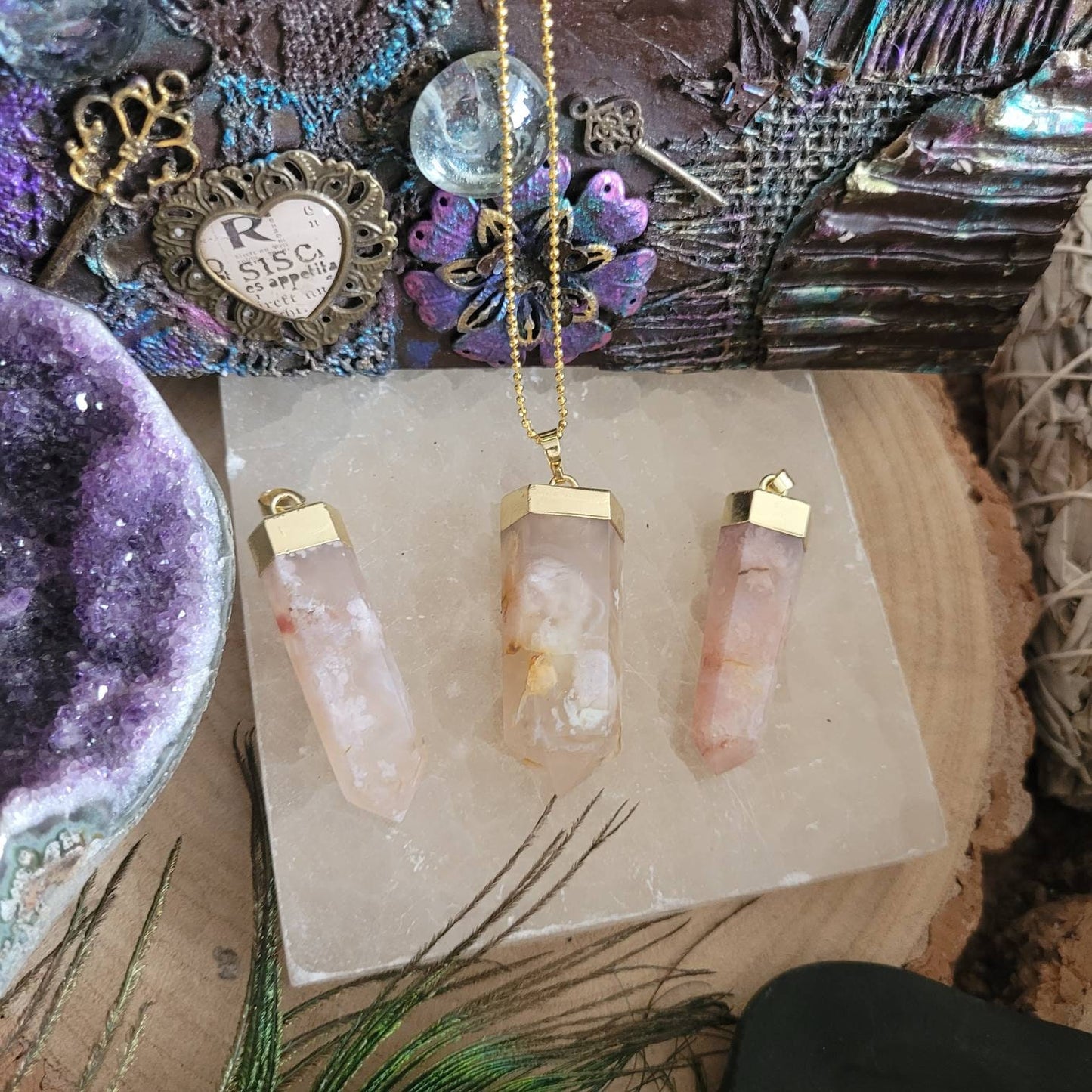 Flower agate point pendant necklace, crystal healing gift for him or her jewellery for men or women witchy jewelry sakura agate