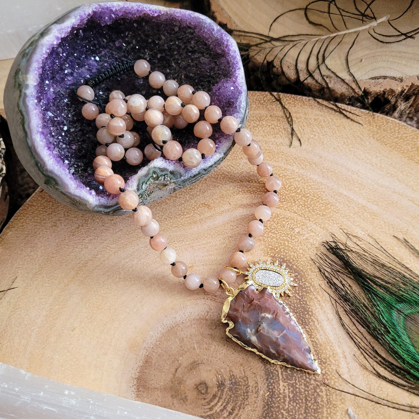 Peach moonstone and sunstone necklace with raw ocean jasper arrow head pendant adjustable crystal healing jewellery for women or men