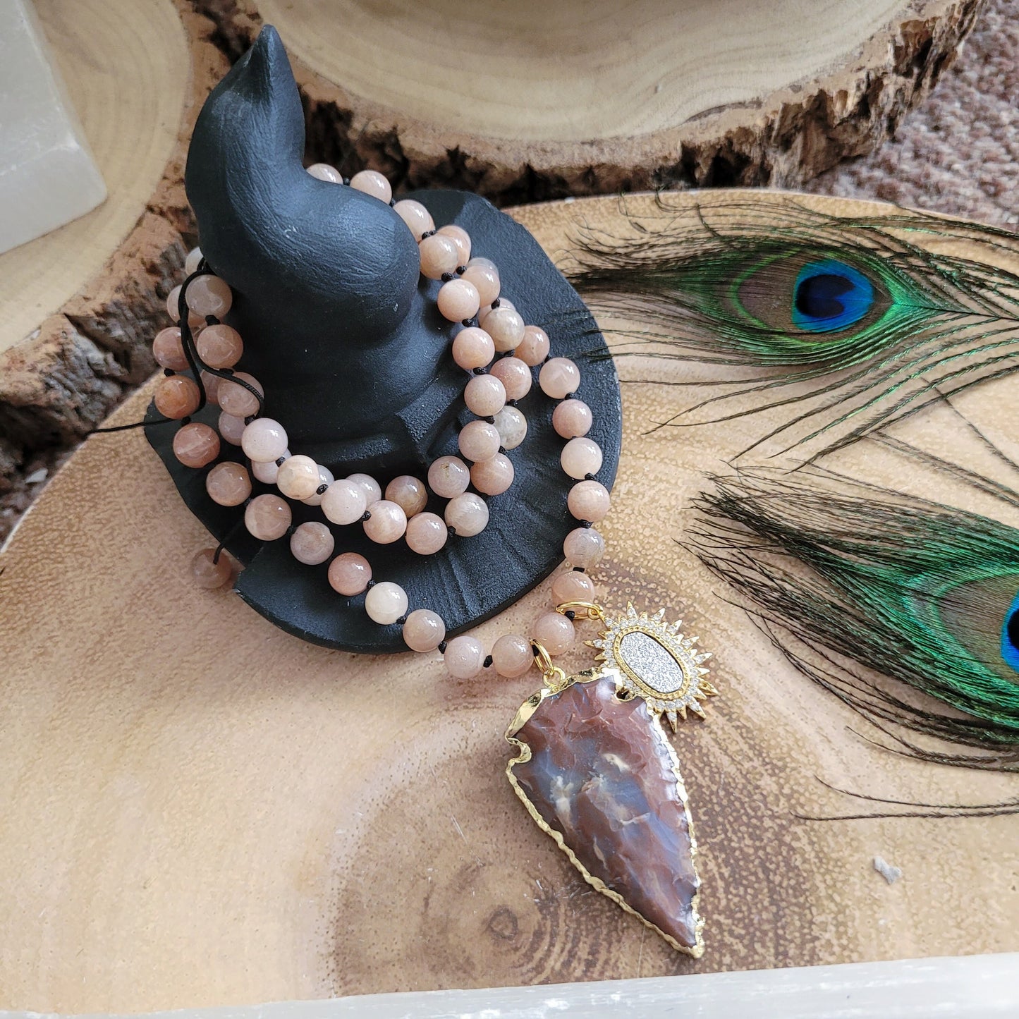 Peach moonstone and sunstone necklace with raw ocean jasper arrow head pendant adjustable crystal healing jewellery for women or men