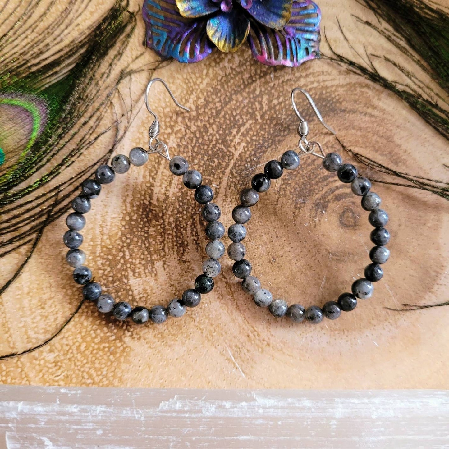 larvikite hoop earrings stainless steel crystal healing jewelry natural Stone jewellery witchy gift for her