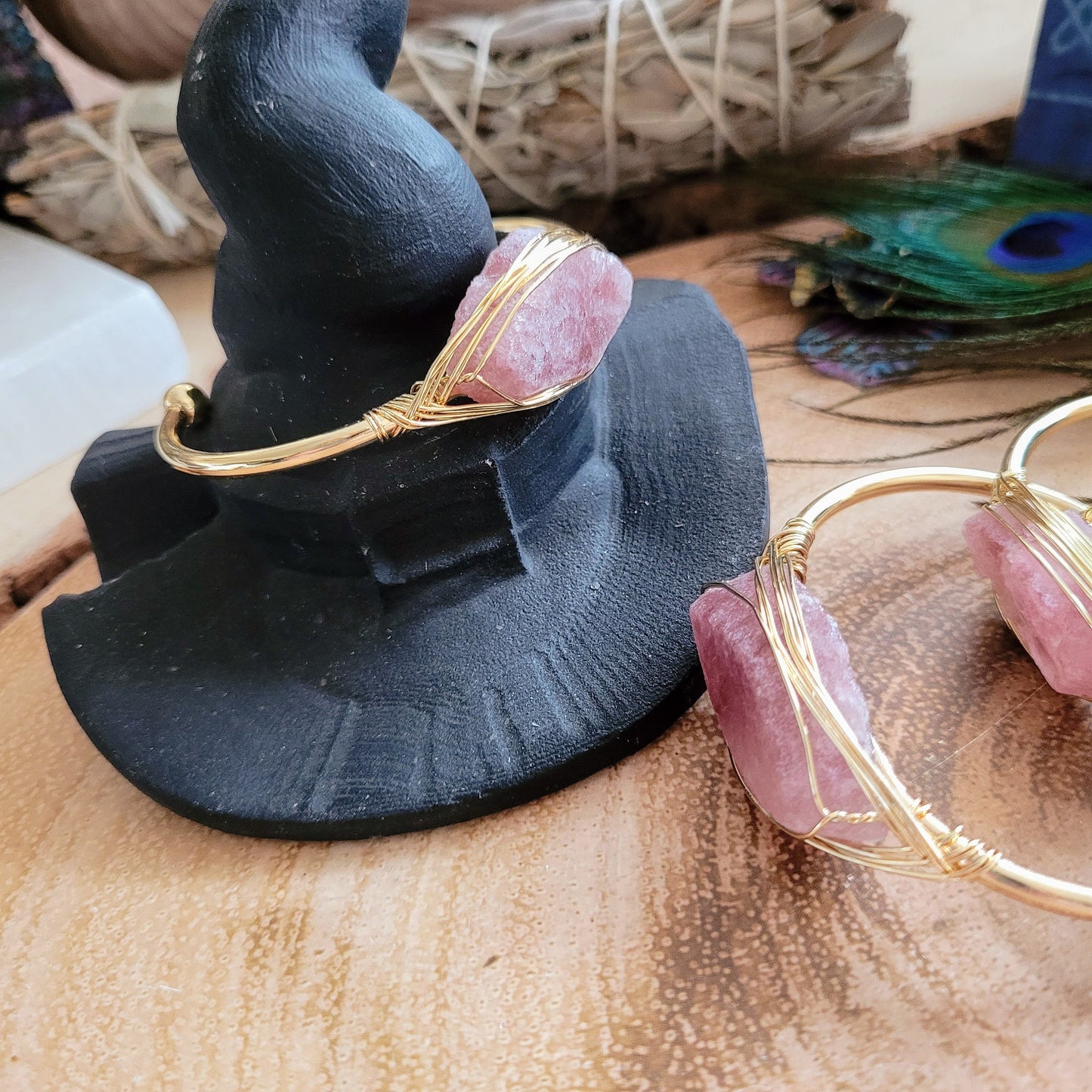 Strawberry quartz cuff bracelet bangle raw stone jewelry for her crystal healing witchy jewellery for women heart chakra