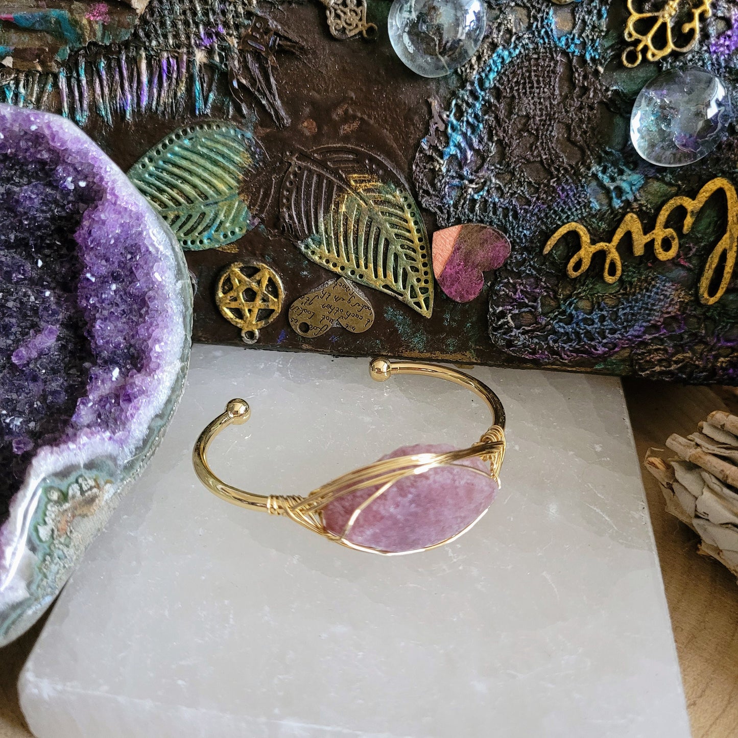 Strawberry quartz cuff bracelet bangle raw stone jewelry for her crystal healing witchy jewellery for women heart chakra
