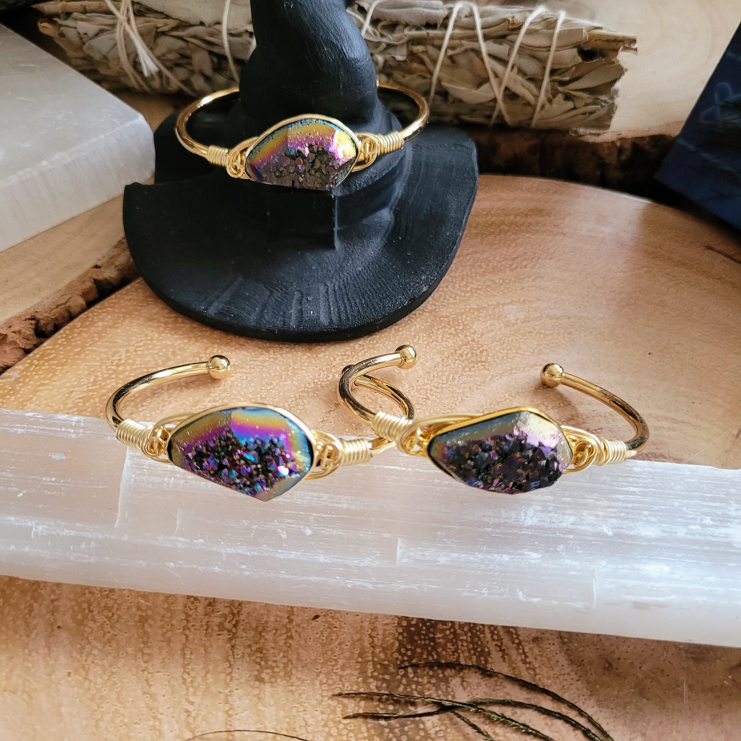 Druzy rainbow quartz cuff bracelet crystal healing bangle natural stone sparkly gift for her witchy jewellery for women