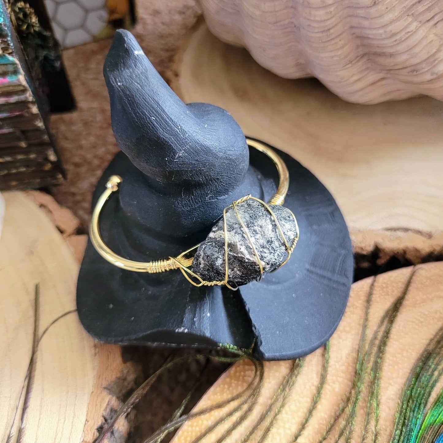 Black Tourmaline cuff bracelet wire wrapped raw stone crystal healing gift for her Root Chakra jewellery for women Grounding, Protection
