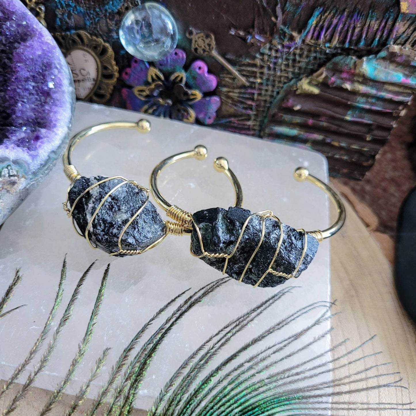 Black Tourmaline cuff bracelet wire wrapped raw stone crystal healing gift for her Root Chakra jewellery for women Grounding, Protection