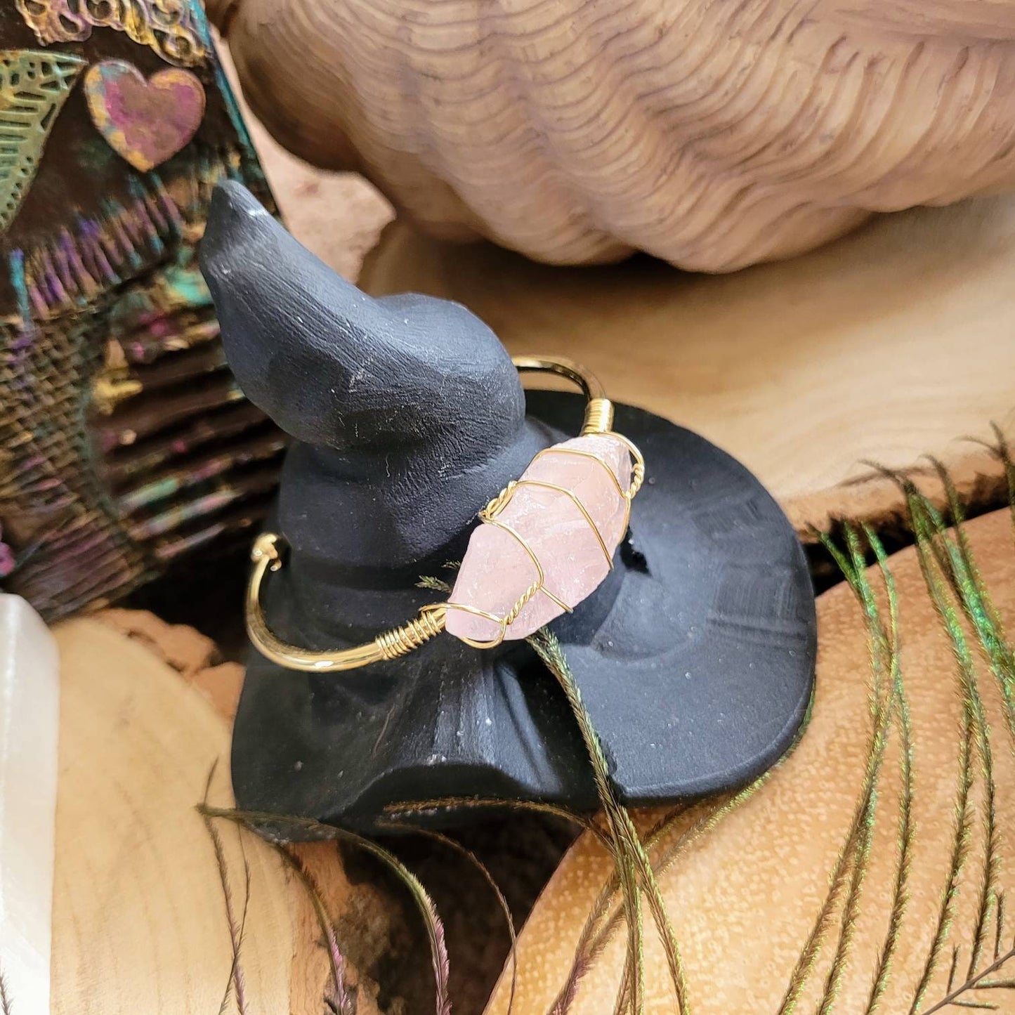 Rose Quartz cuff bracelet bangle raw stone heart chakra jewellery gift for her witchy jewelry for women