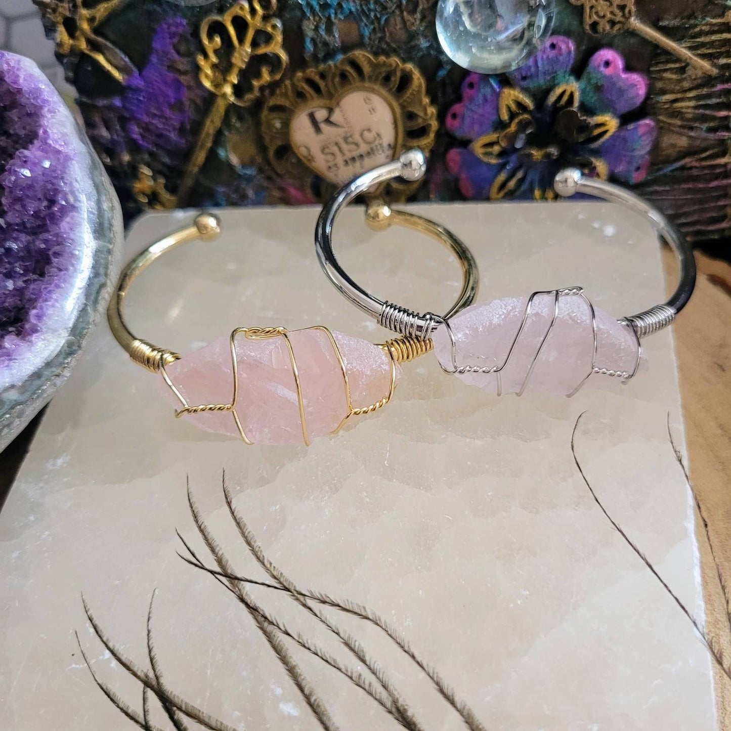 Rose Quartz cuff bracelet bangle raw stone heart chakra jewellery gift for her witchy jewelry for women