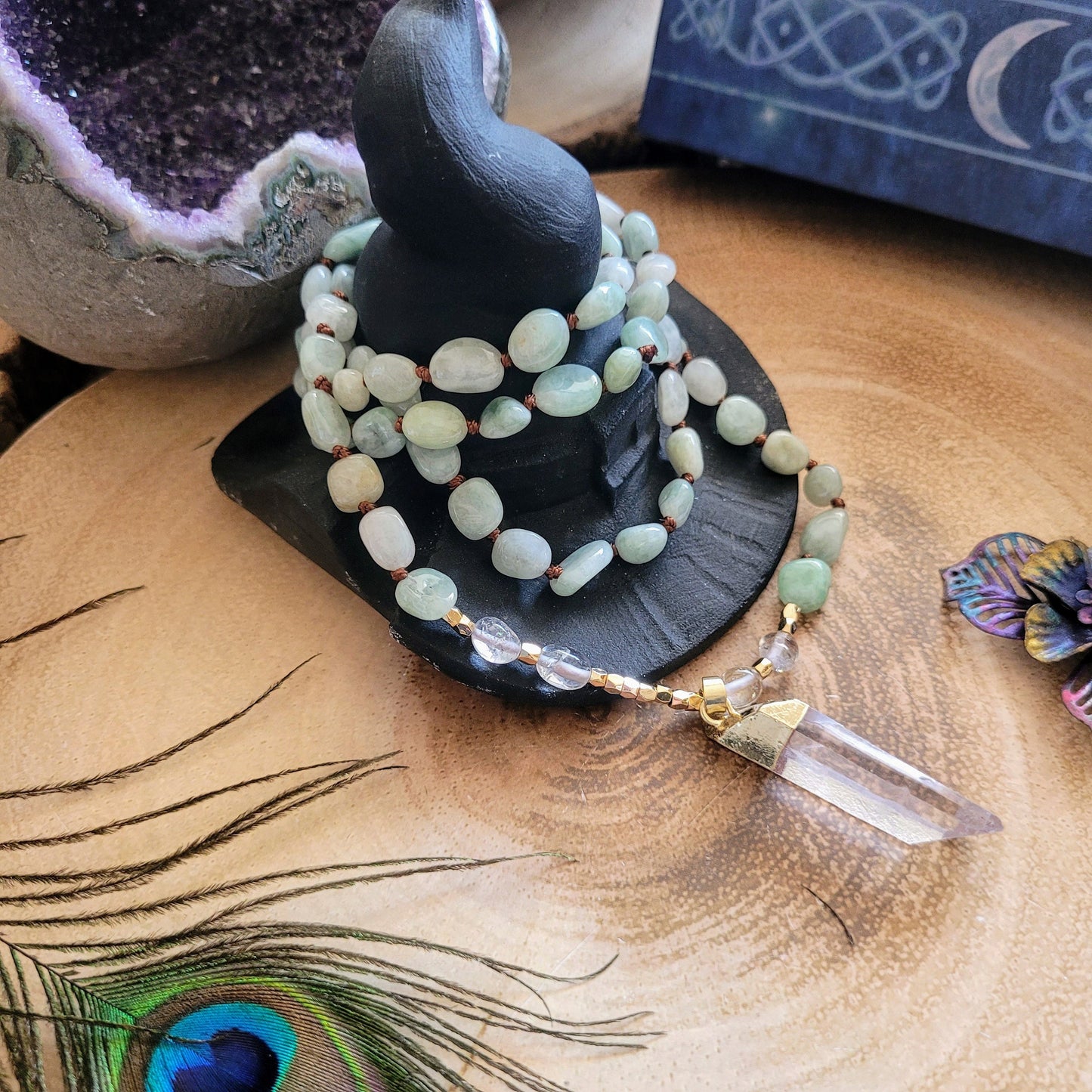 Green aventurine necklace with clear quartz point pendant knotted crystal healing gemstone jewellery for women and men gift for him or her