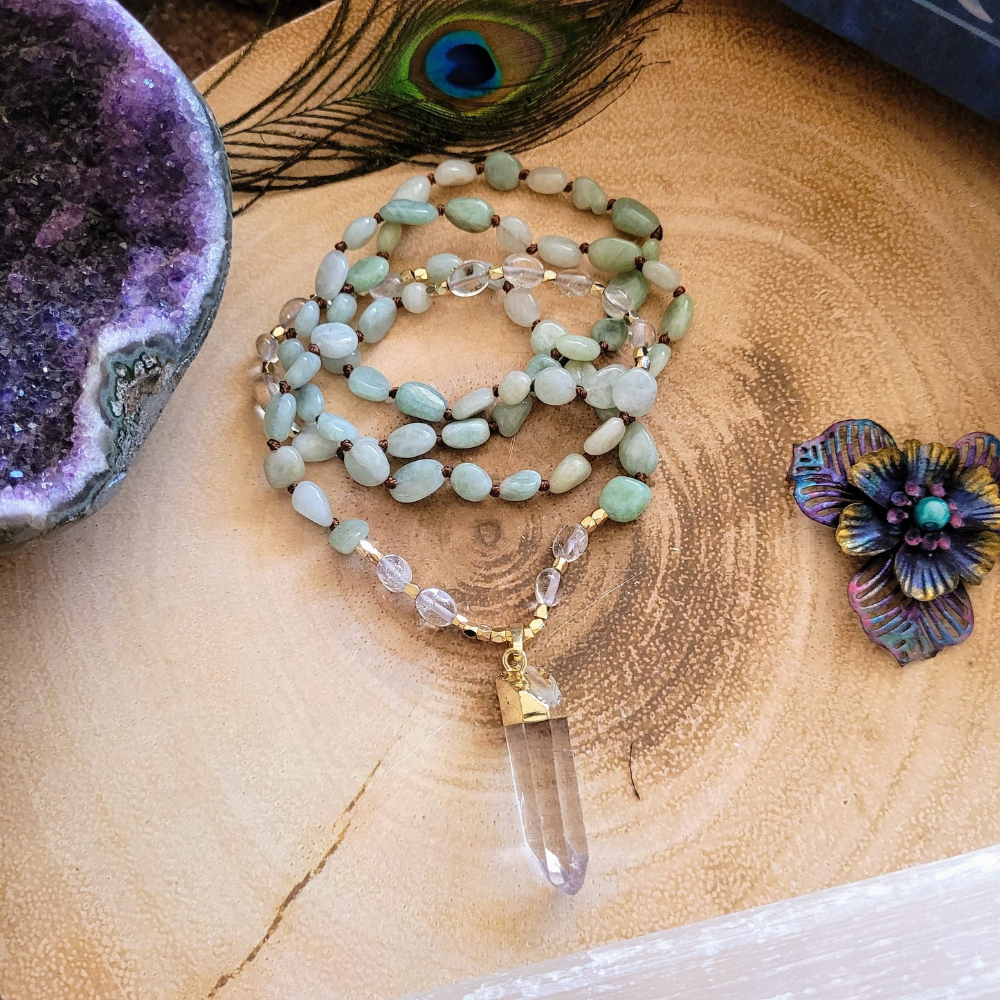 Green aventurine necklace with clear quartz point pendant knotted crystal healing gemstone jewellery for women and men gift for him or her