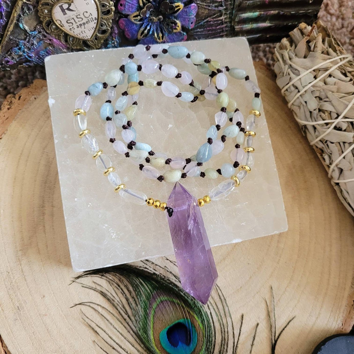 Morganite necklace with amethyst point pendant Crystal healing witchy jewellery gift for her jewelry for women