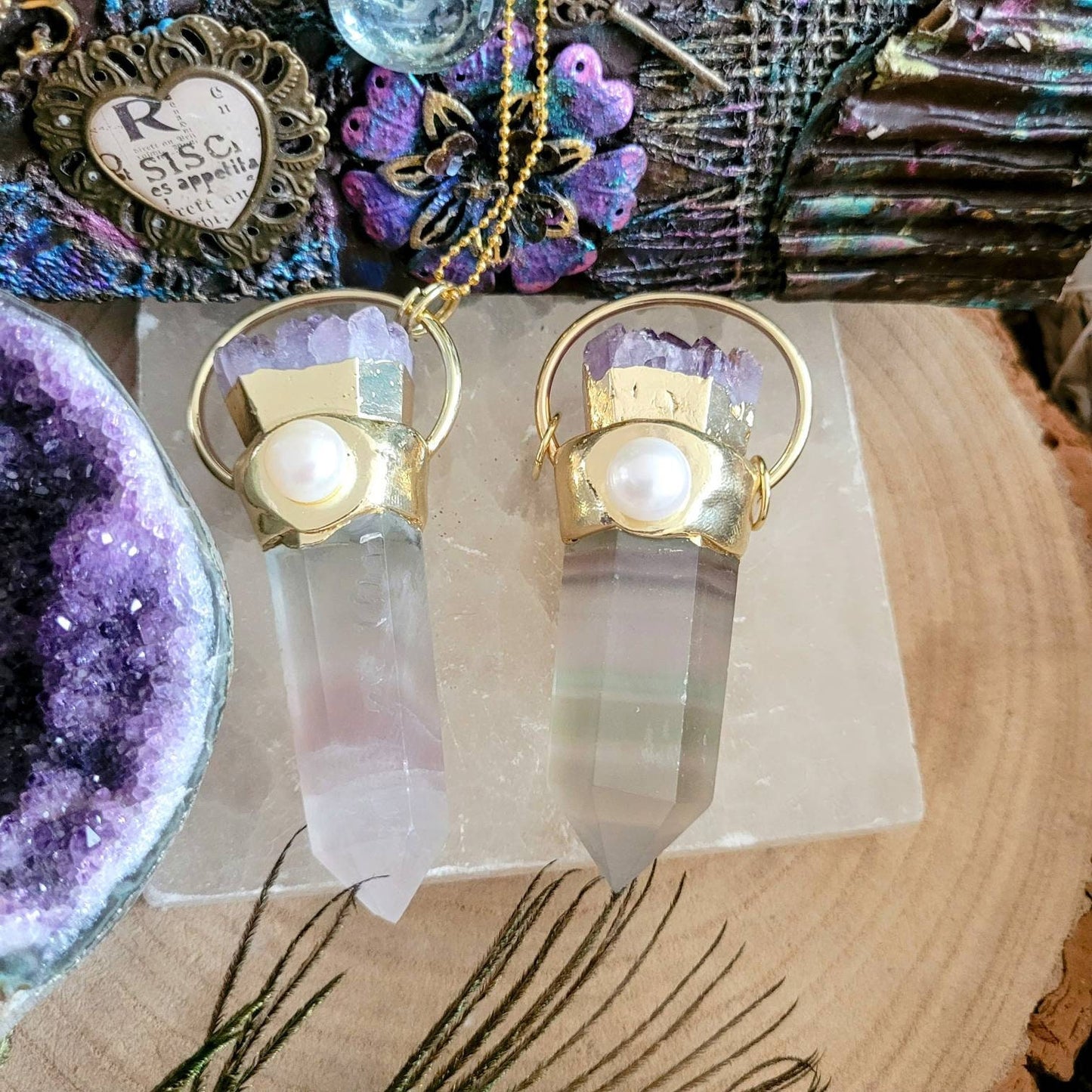 Pastel fluorite point with mother of pearl and amethyst cluster pendant necklace for women witchy crystal healing gift for her