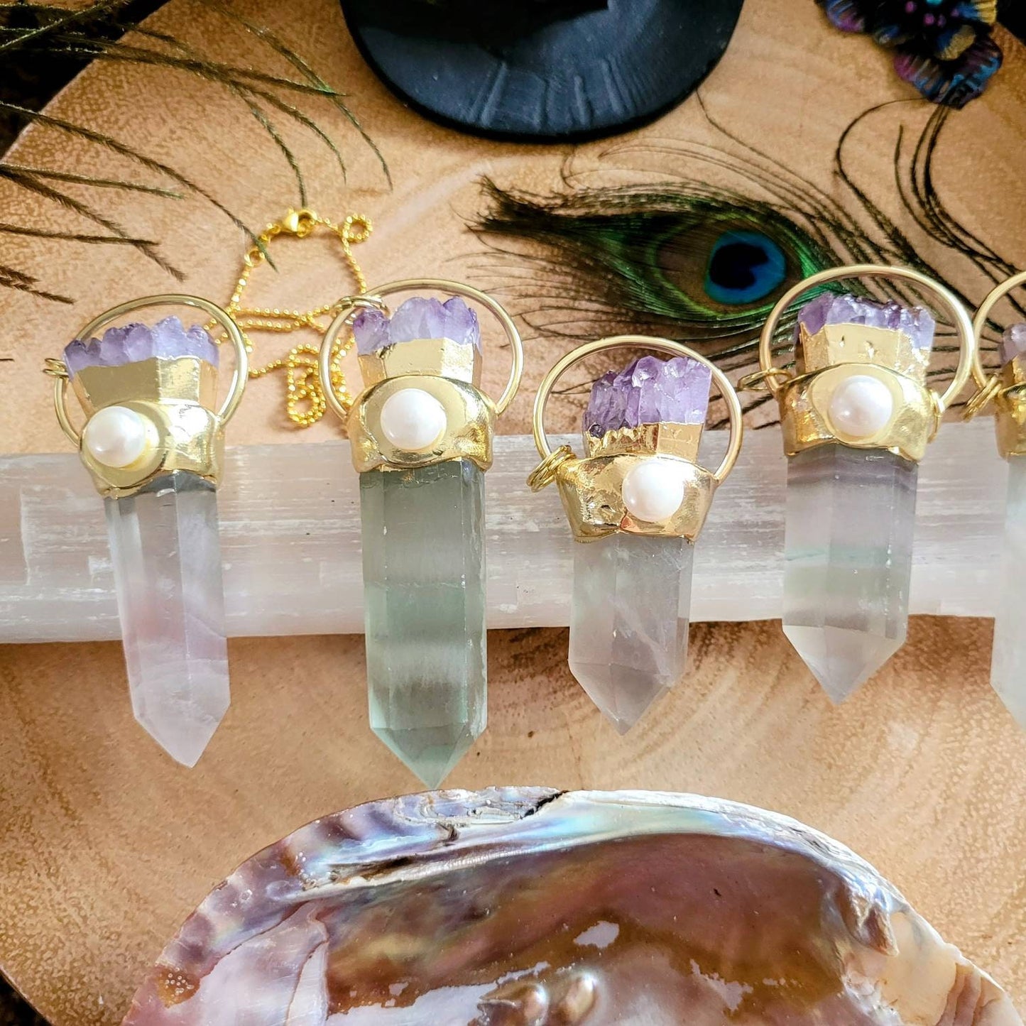 Pastel fluorite point with mother of pearl and amethyst cluster pendant necklace for women witchy crystal healing gift for her