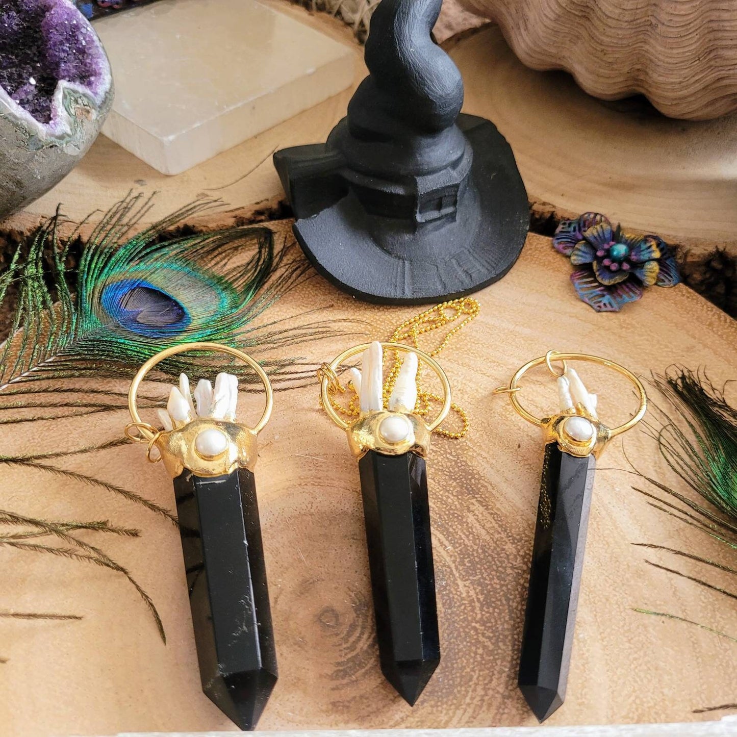 Black Obsidian and pearl point pendant necklace Crystal healing large polished stone witchy jewellery for him or her jewelry for women