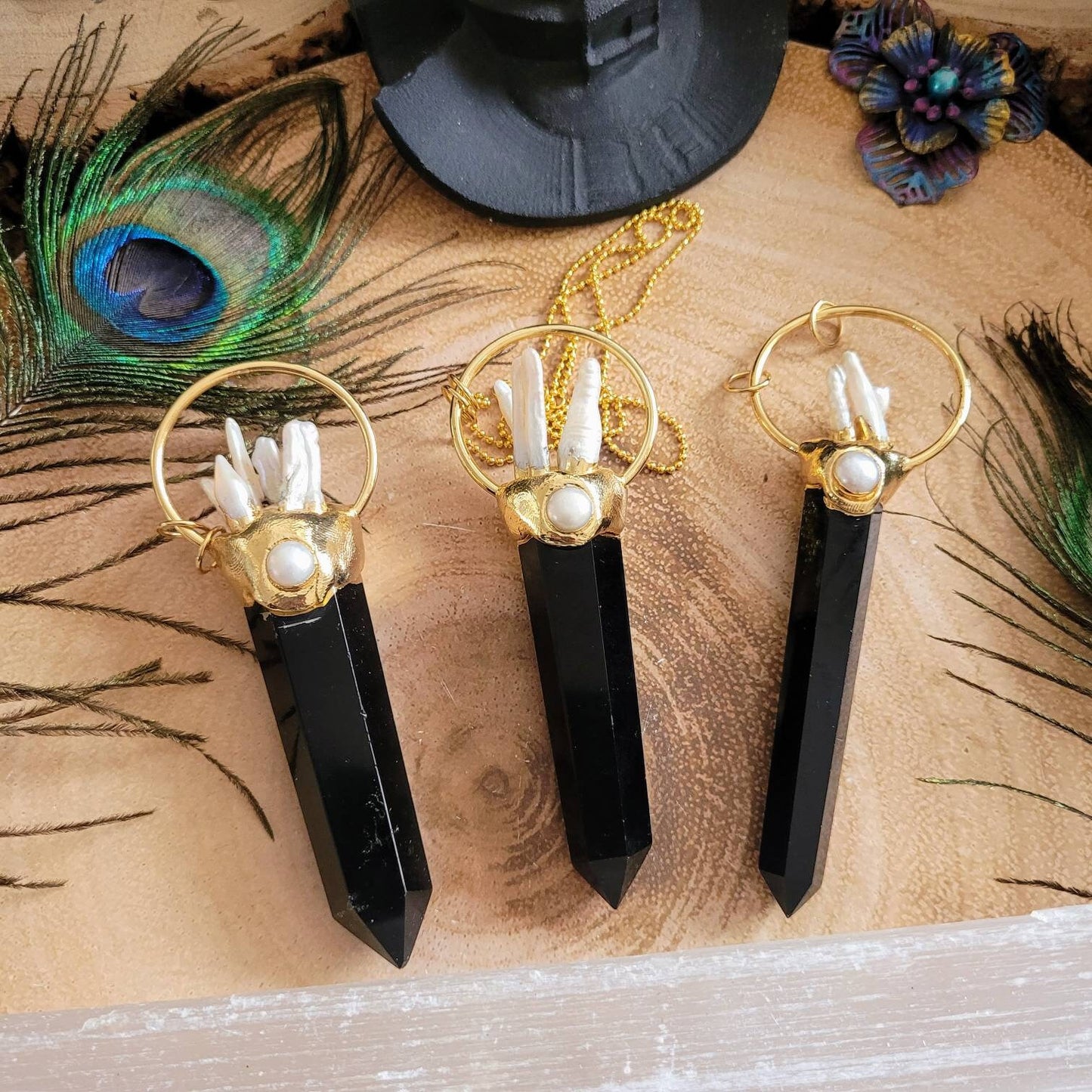Black Obsidian and pearl point pendant necklace Crystal healing large polished stone witchy jewellery for him or her jewelry for women