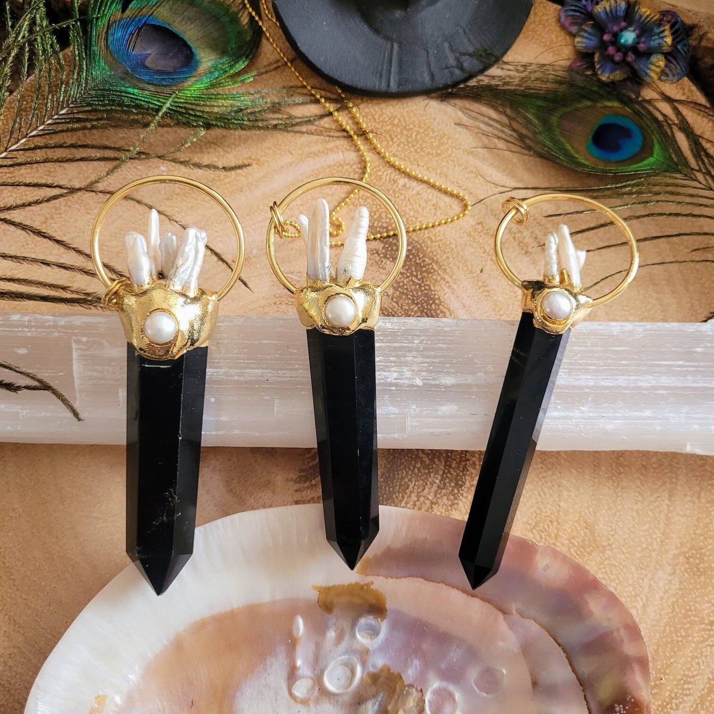 Black Obsidian and pearl point pendant necklace Crystal healing large polished stone witchy jewellery for him or her jewelry for women
