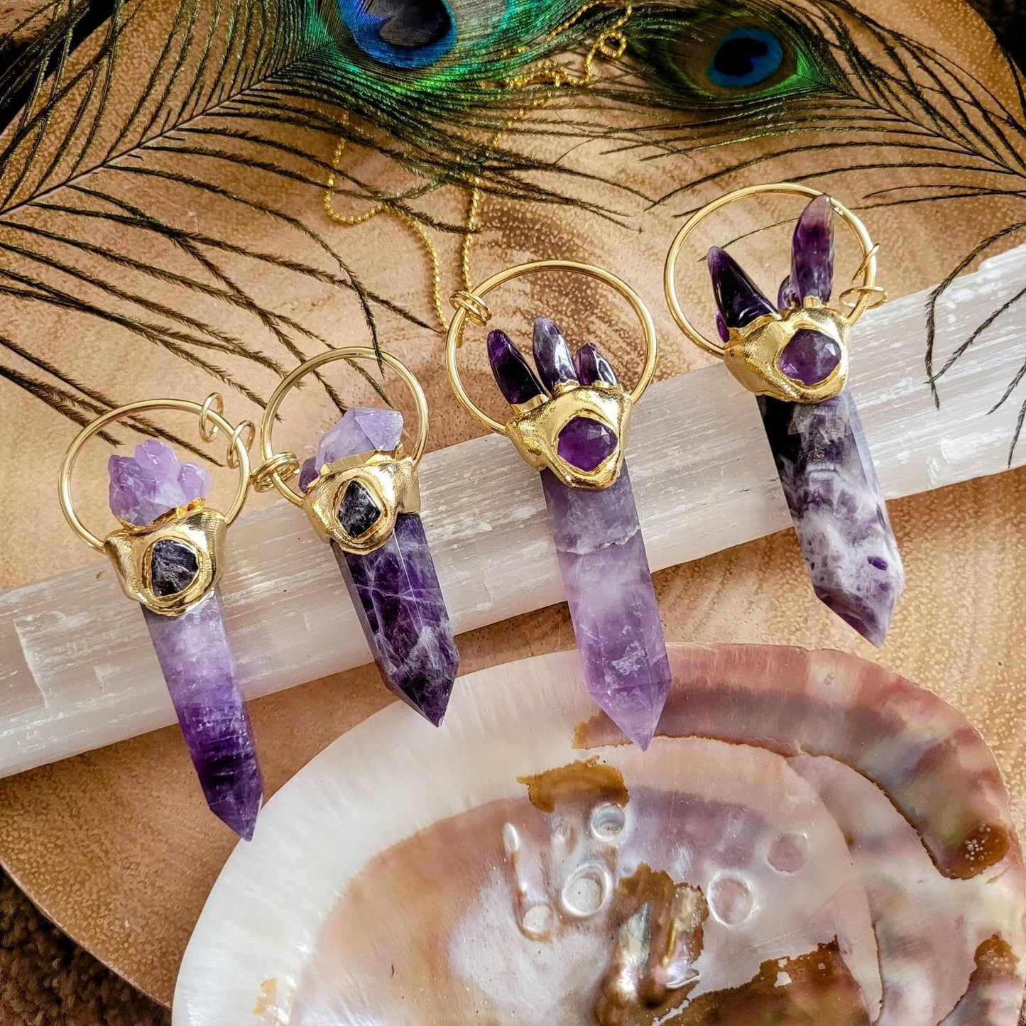 Amethyst pendant necklace large wand point crystal healing gift for him or her witchy jewelry for women or men third eye chakra